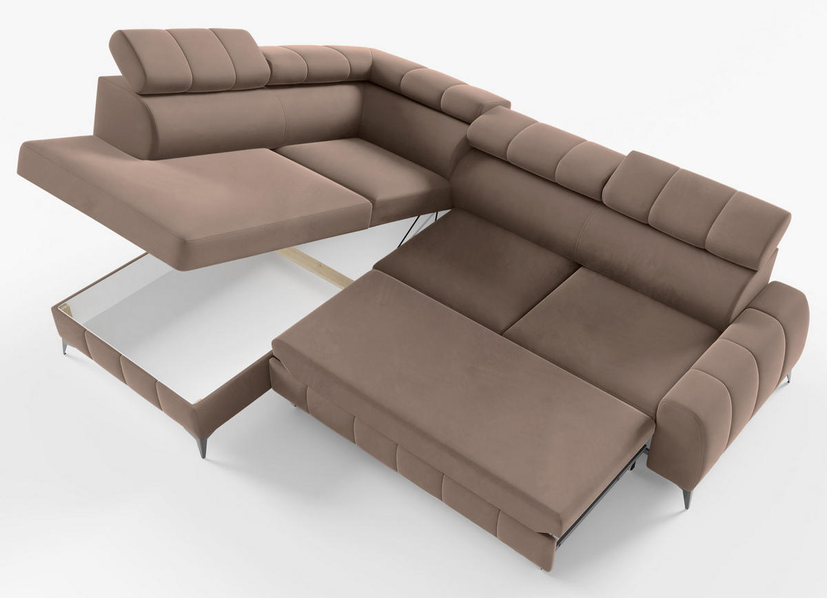 ECKSOFA London Hellbraun Velours - Hellbraun/Schwarz, Textil/Metall (274/203cm) - Selsey