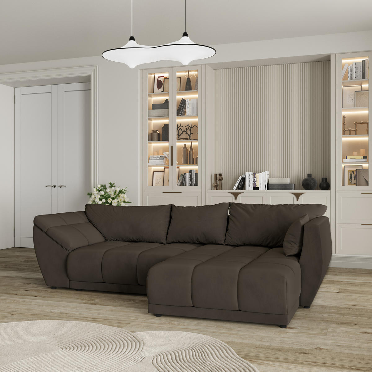 ECKSOFA ORENTI R-S Braun Velours-Stoff mit Schlaffunktion - Braun, Holz (287/182cm) - MASSENO