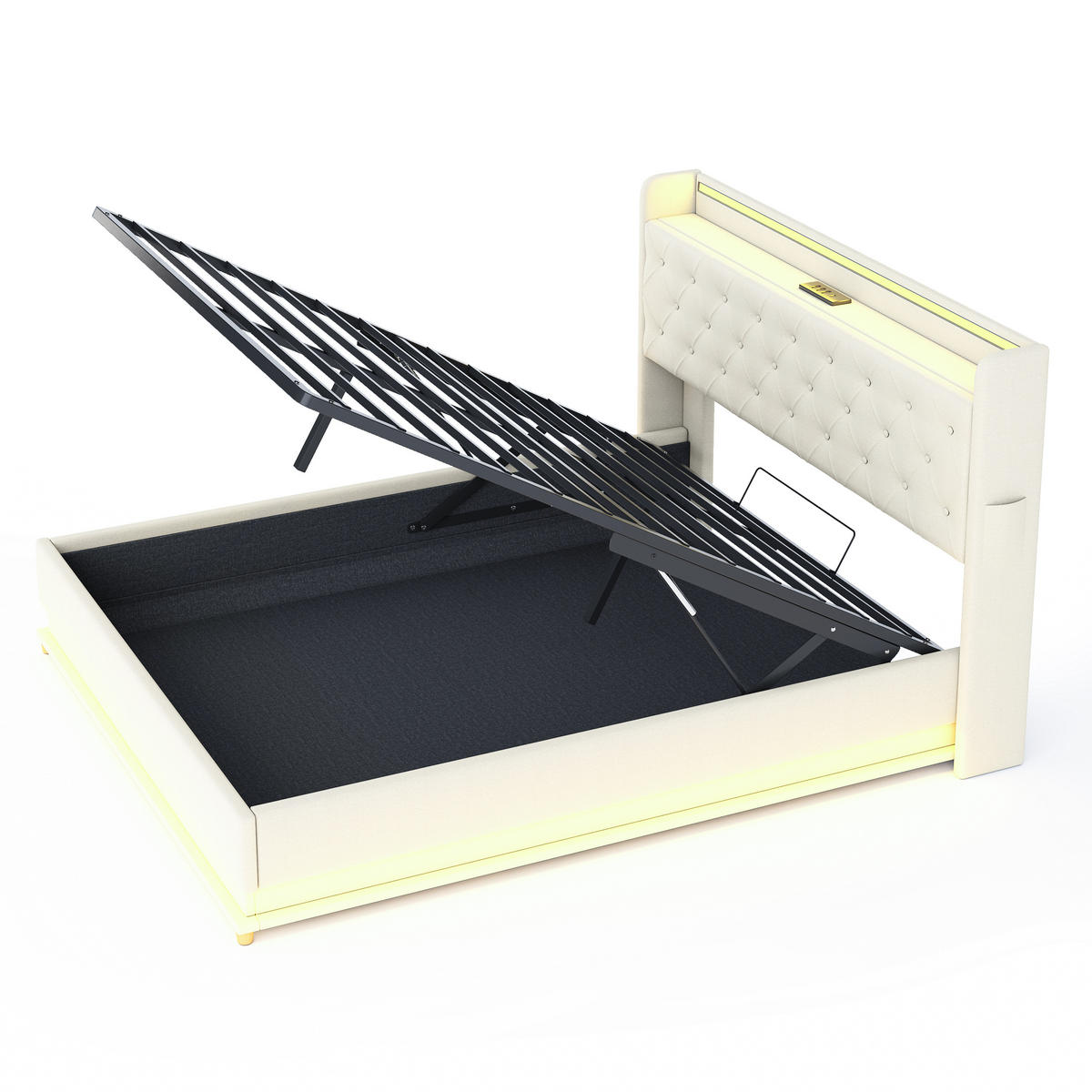 POLSTERBETT 160/200 cm in Beige Leinen mit Bettkasten, LED und USB - Beige, Holzwerkstoff/Textil (160/200cm) - WISHDOR
