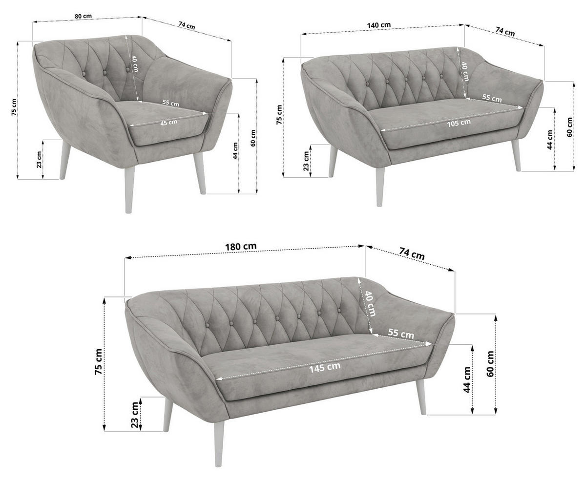 SITZGARNITUR PIRS 3+2+1 - Hellgrau Velvet - Weiße Beine - Hellgrau/Weiß, Holzwerkstoff/Textil (180/75/74cm) - MKS