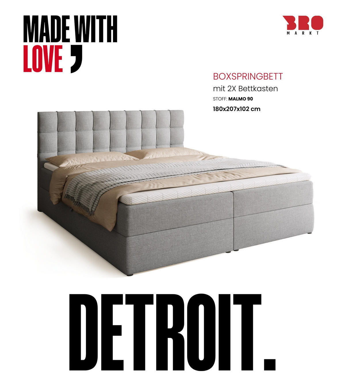 BOXBETT Detroit mit Topper 180/200 Hellgrau - Hellgrau, Holzwerkstoff/Textil (180/200cm) - Bromarkt