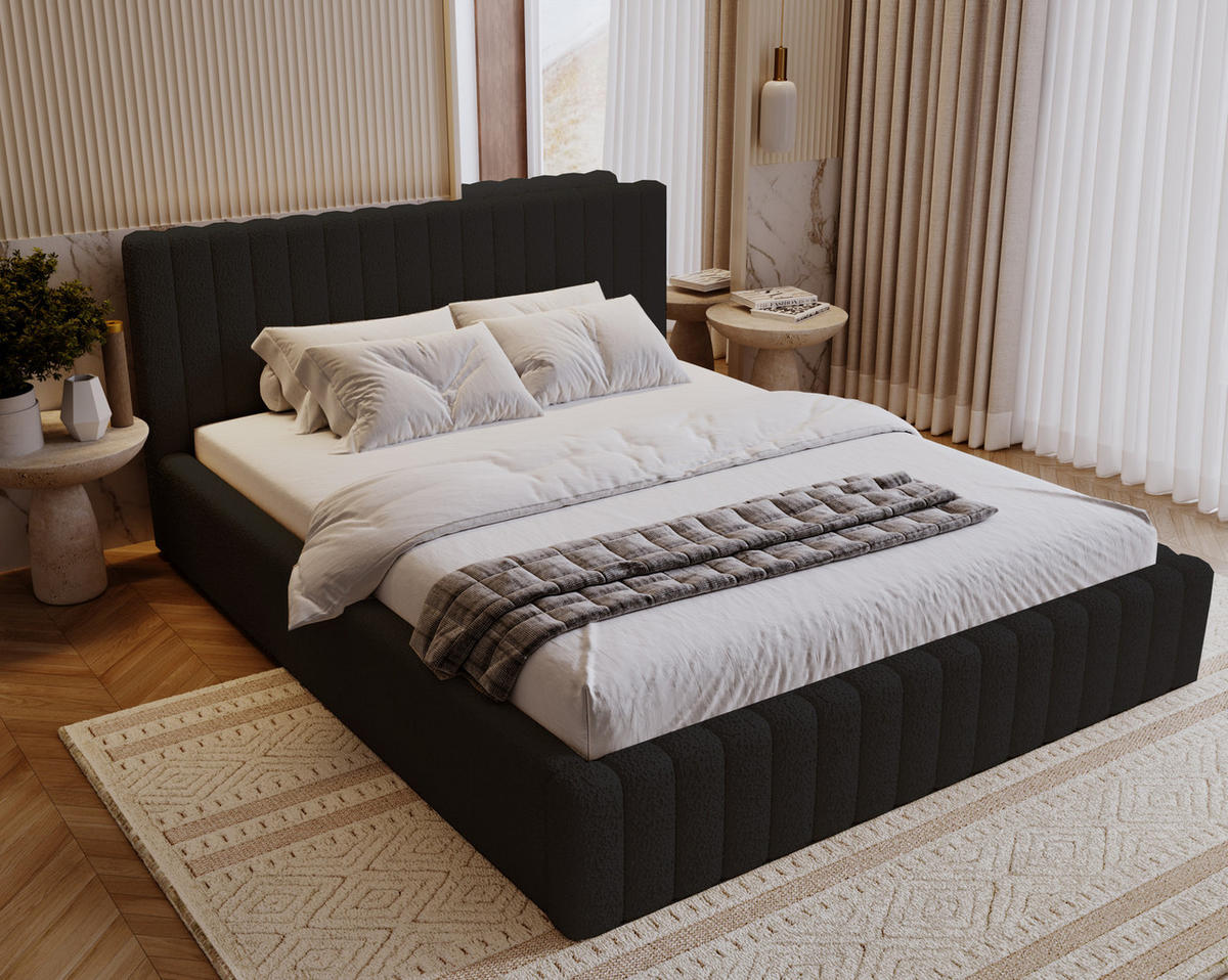 POLSTERBETT 140x200 Billo mit Bettkasten, Boucle Schwarz - Schwarz, Holz/Textil (140/200cm) - Emporius