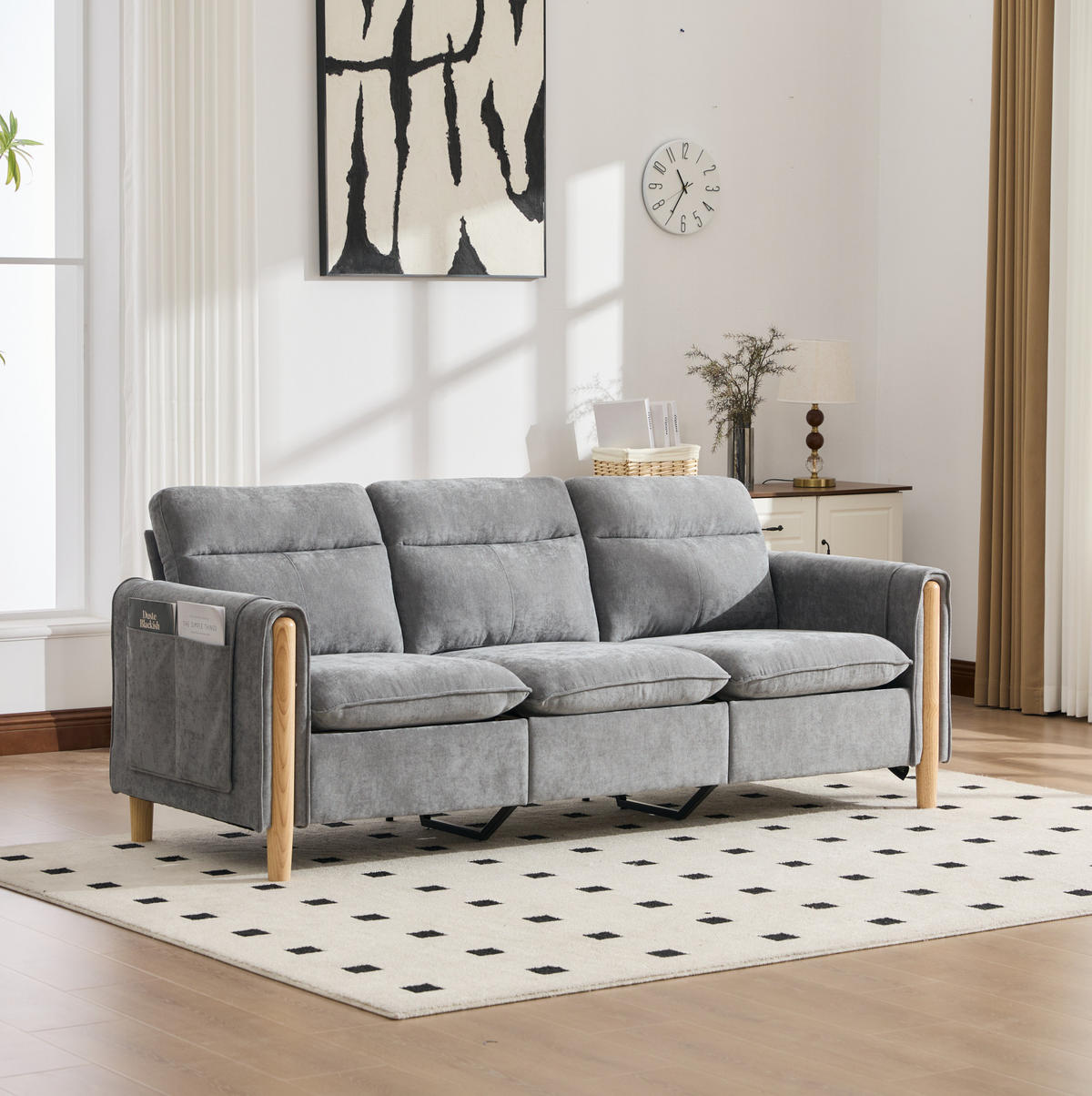 SOFA 201/77/86 cm in Hellgrau mit Hocker, Stauraum und Seitentaschen - Hellgrau, Textil (77/86/201cm) - Flora Grace