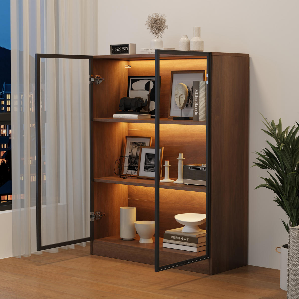 VITRINENSCHRANK Natur Glas LED 3 Böden 80x32x106cm - Walnussfarben, Holzwerkstoff (32/106/80cm) - FLIEKS