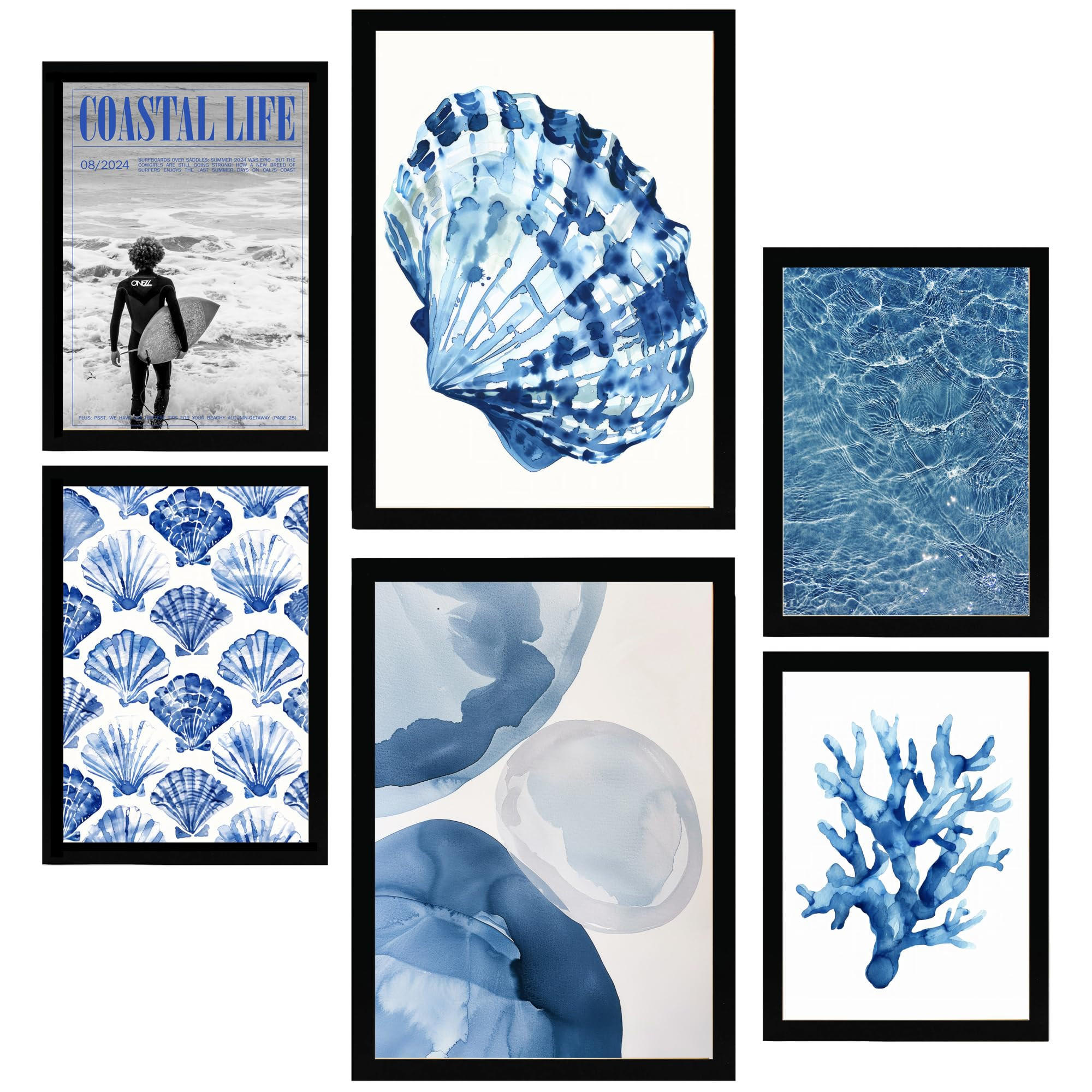POSTER Set Mit 6 Marineblau, Meer Und Sommer A3 & A4 Schwarzer Rahmen - Schwarz, Papier (29/3cm) - Nacnic