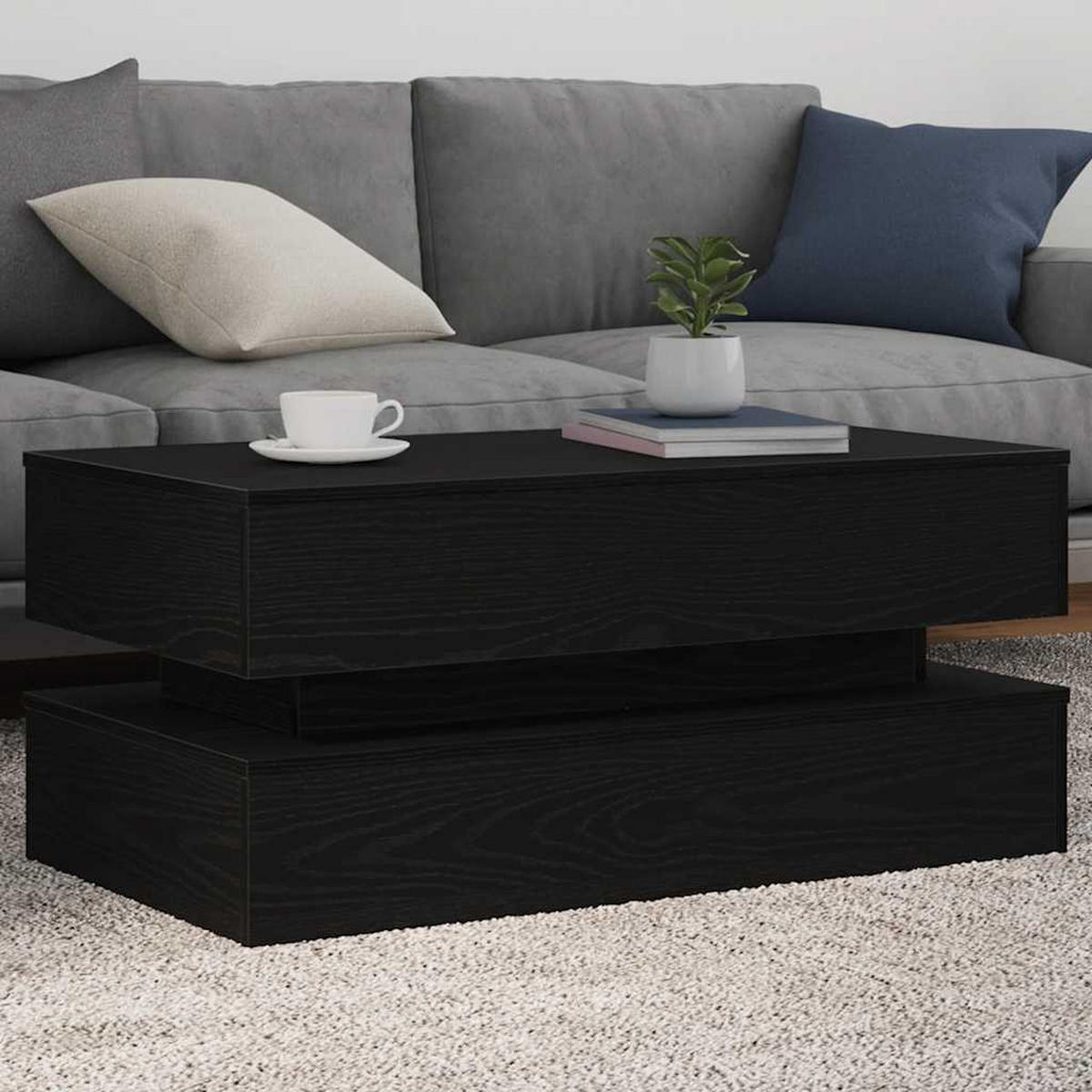 COUCHTISCH Moderner 90/50/40 cm aus Holzwerkstoff Schwarz Eichen-Optik mit Led-Leuchten - Schwarz, Holz (50/90/40cm) - vidaXL