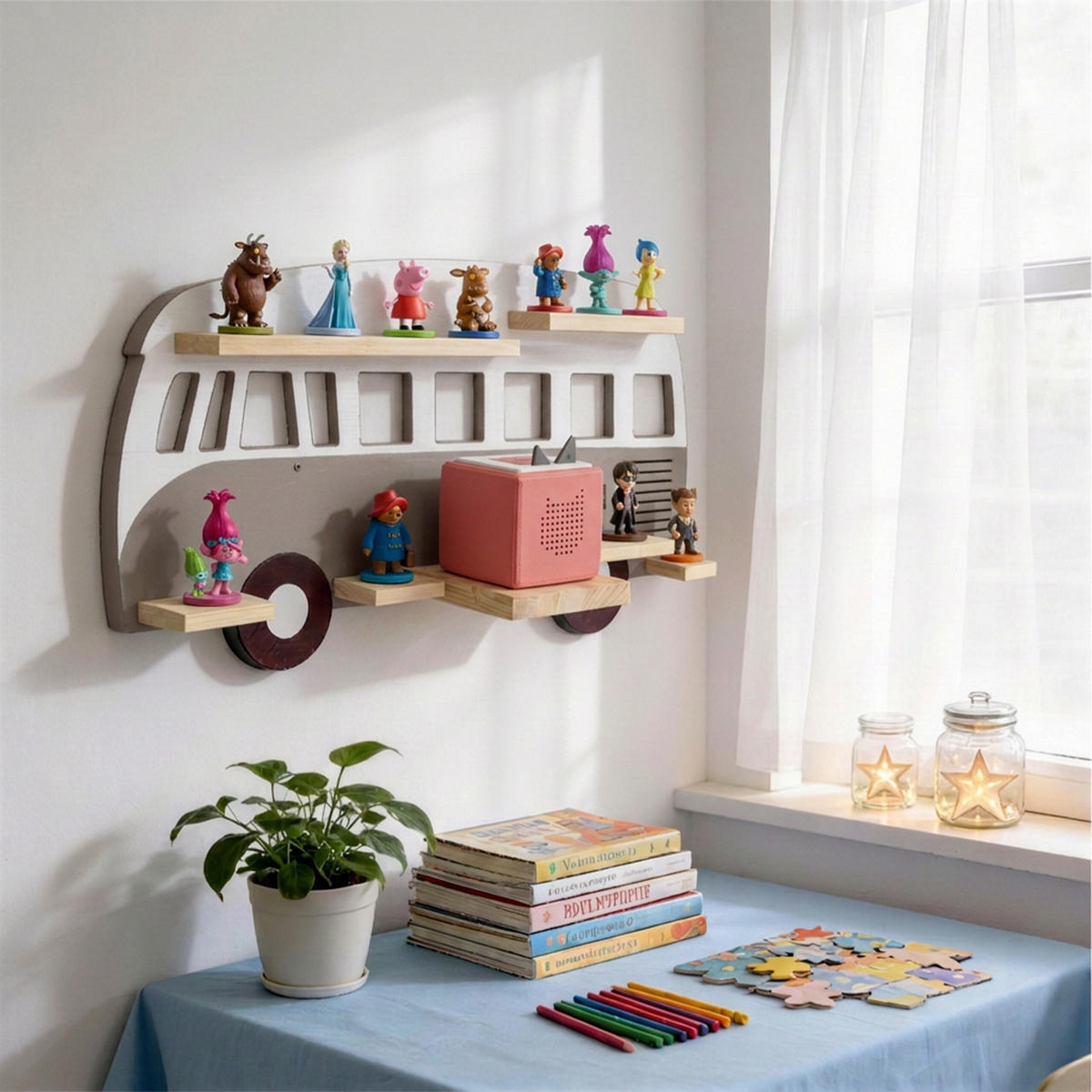 TONIEBOX-REGÁL - sivá, drevo (62/32/13cm) - Relaxdays