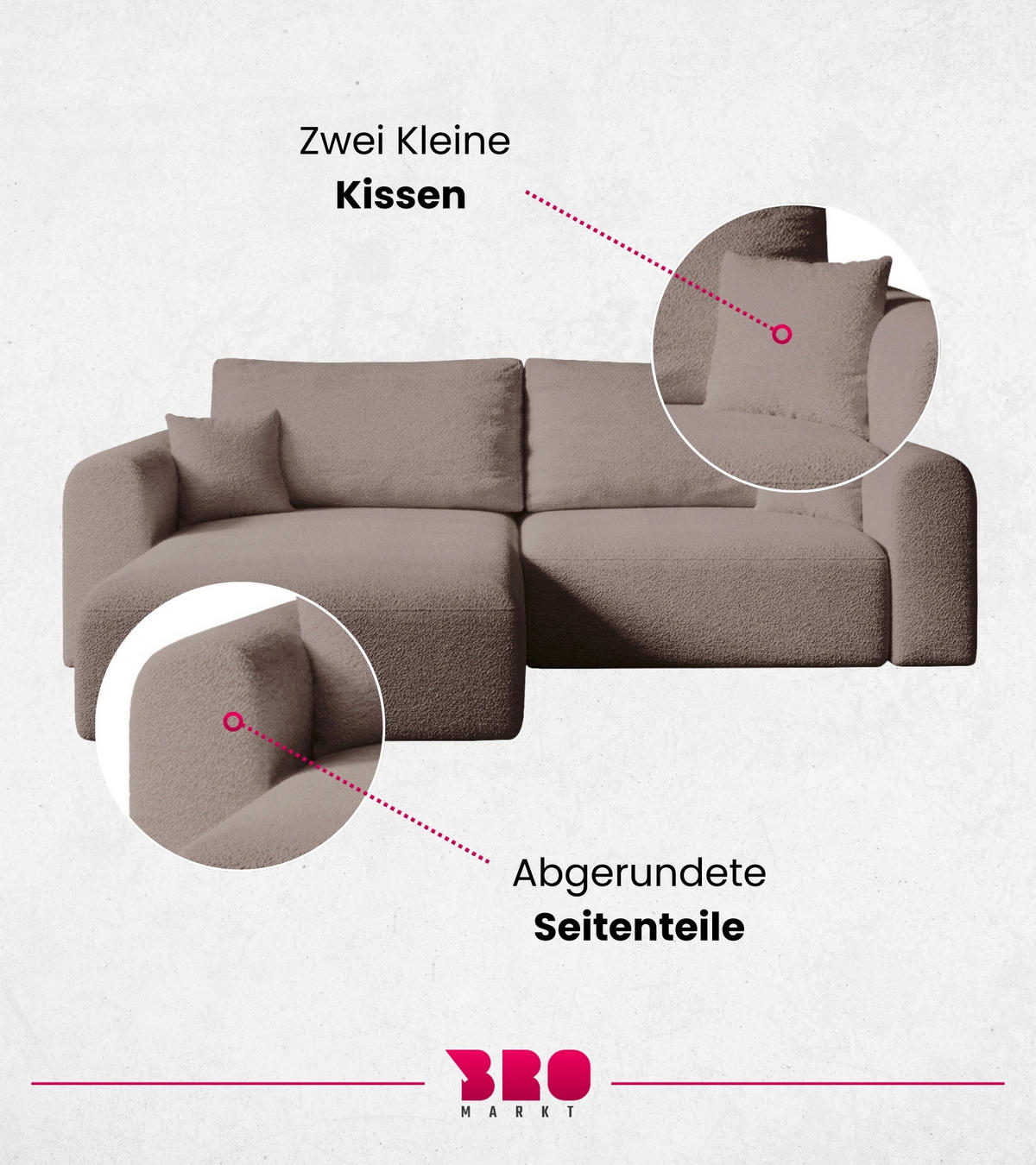 ECKSOFA Kornel mit Schlaffunktion Rosa Boucle - Rosa, Textil (248/165cm) - Bromarkt