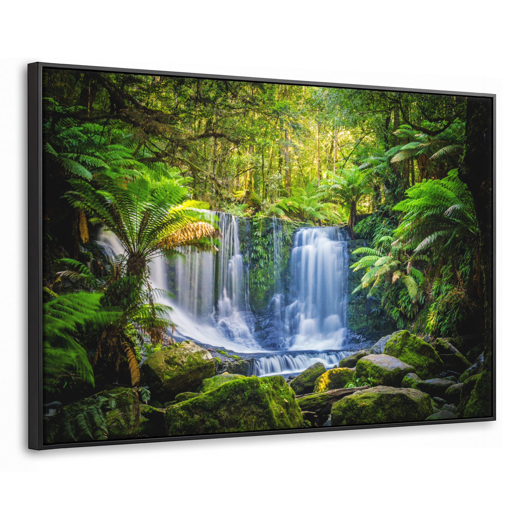 LEINWAND Bilder mit Rahmen - Dschungel - Wasserfall - Australien - Pflanzen - Natur - 90x60 - Dunkelgrün, Textil (90/60cm) - MuchoWow