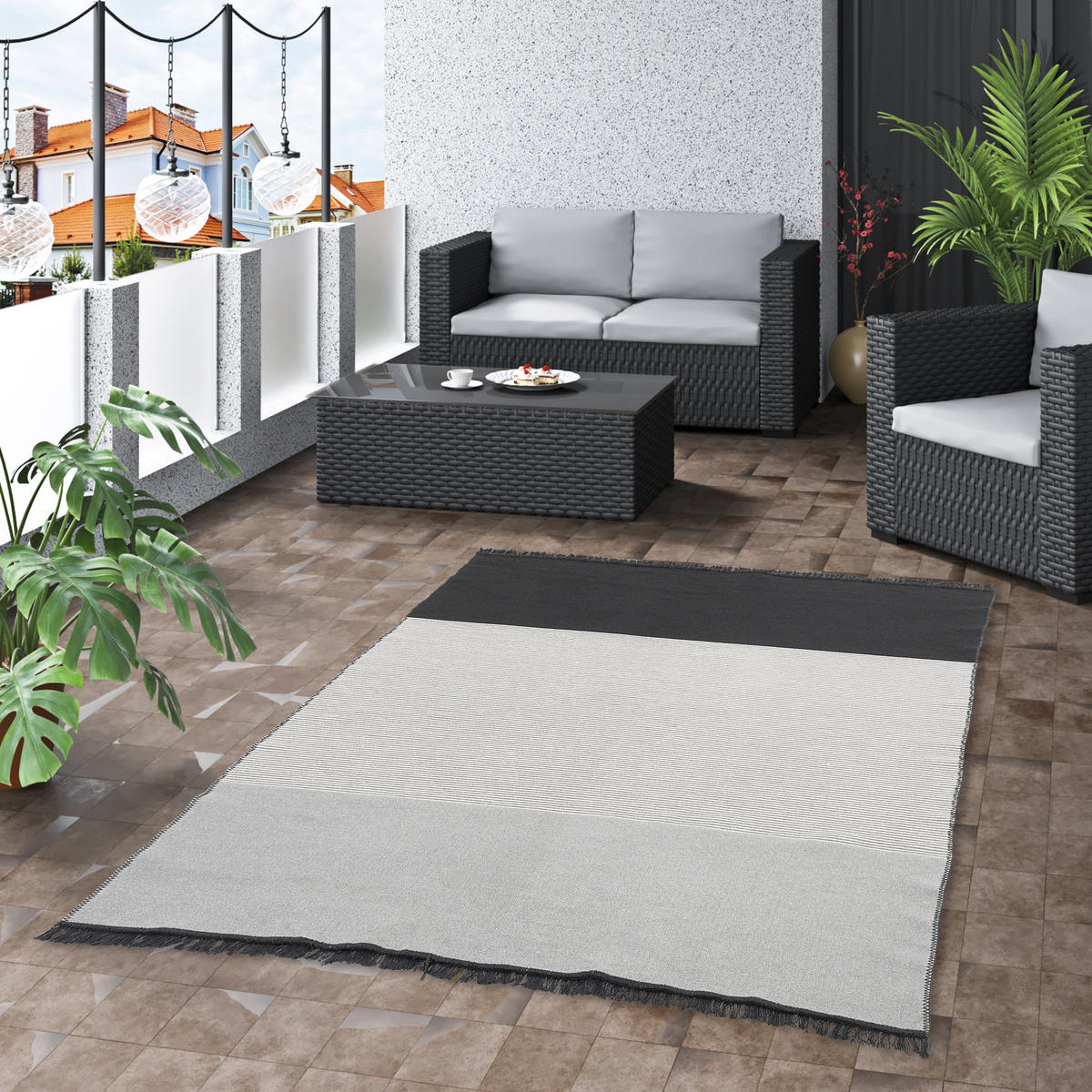 TEPPICH BEIDSEITIG ETHNO KELIM LINES - Schwarz/Grau, Textil (160/230cm) - Pergamon