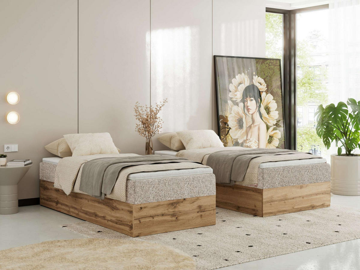 BOXBETT WOOD ZERO 90/200 - Creme Struktur - H3 - Topper T25 - Creme, Textil (90/200cm) - MKS