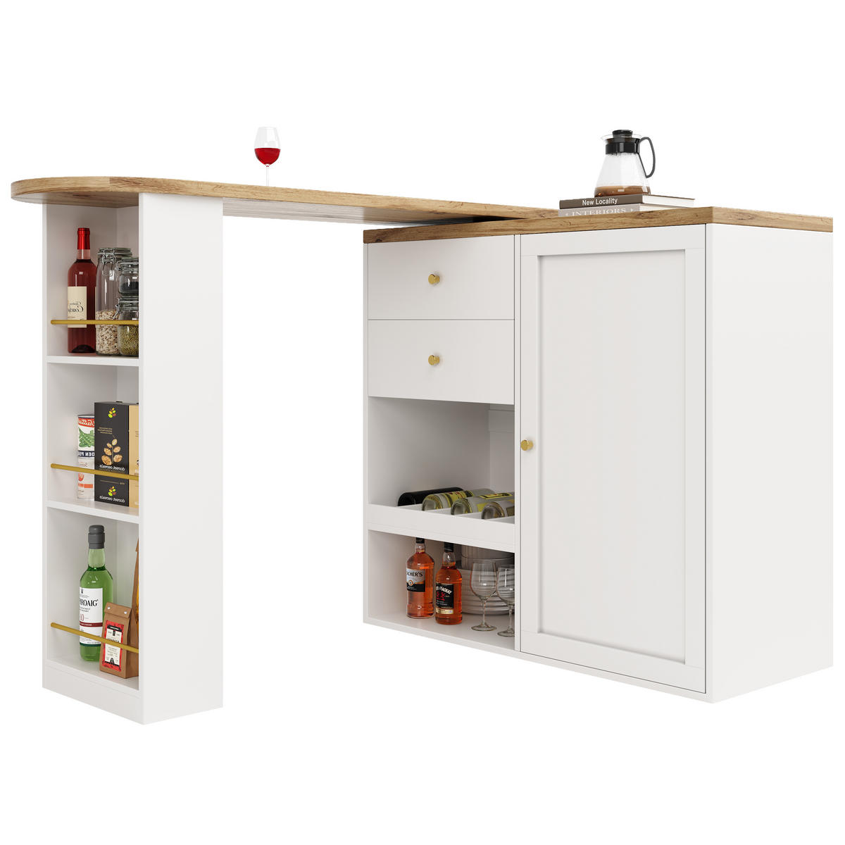 KÜCHENINSEL aus MDF mit drehbaren Seitenregalen und vier Schubladen, Holzstruktur, goldene Griffe, weiß - Weiß, Holzwerkstoff (105/102/39cm) - Luhomfu