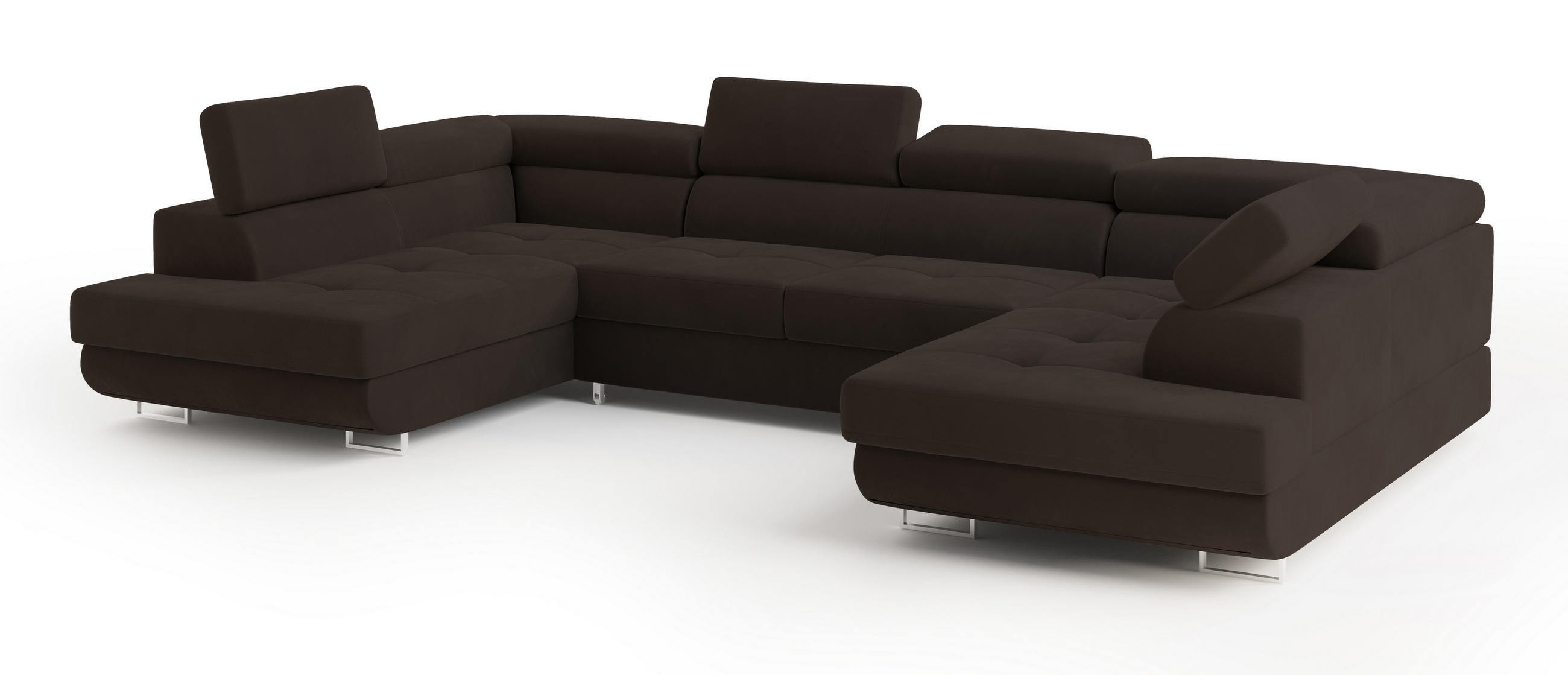 WOHNLANDSCHAFT RAGGIO Braun Velours-Stoff mit Schlaffunktion - Braun, Holz (336/90/202cm) - MASSENO