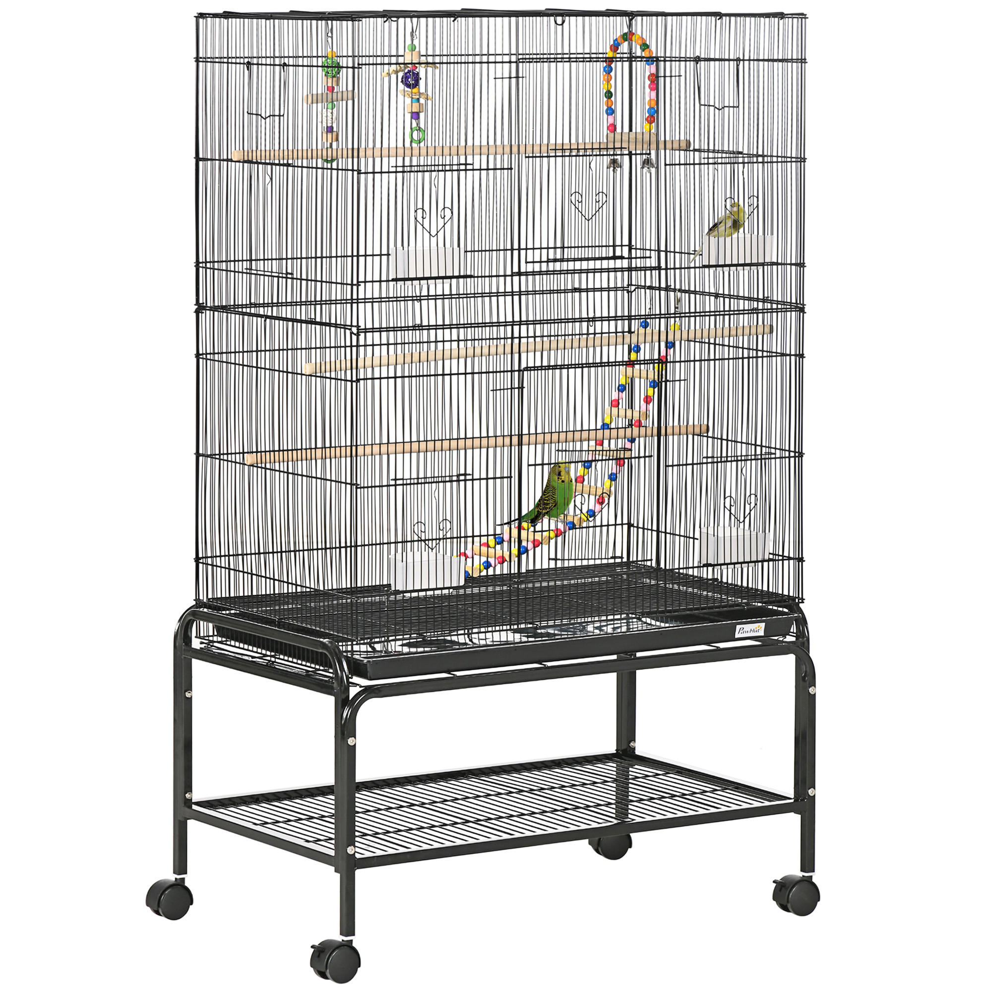 VOGELKÄFIG DE-17814 auf Rollen mit 4 Futterhäuschen & Schaukel Schwarz - Schwarz, Metall (49/133/79cm) - ComfortXL
