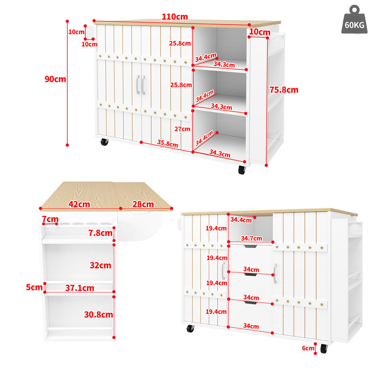 KÜCHENWAGEN 110x42x90cm Weiß mit 3 Schubladen,Schiebetüren & 4 Rollen - Weiß, Holzwerkstoff (110/90/42cm) - Modfu