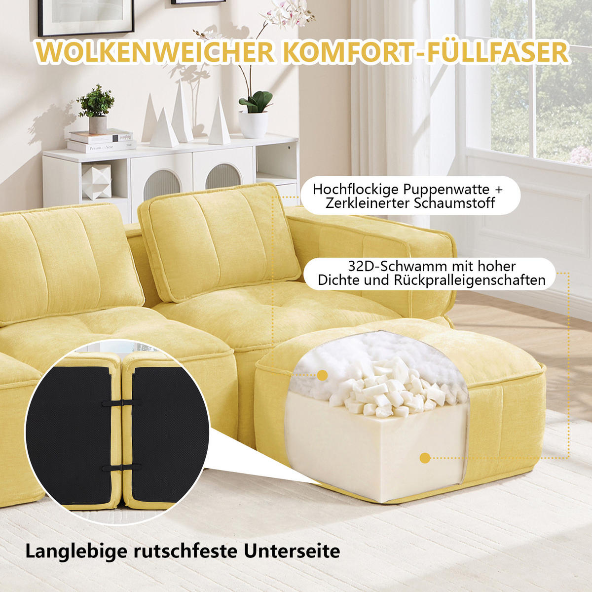 SOFA 271/93/67 cm in Gelb mit modularen Elementen und rutschfester Basis - Gelb, Kunststoff (93/67/271cm) - Flora Grace