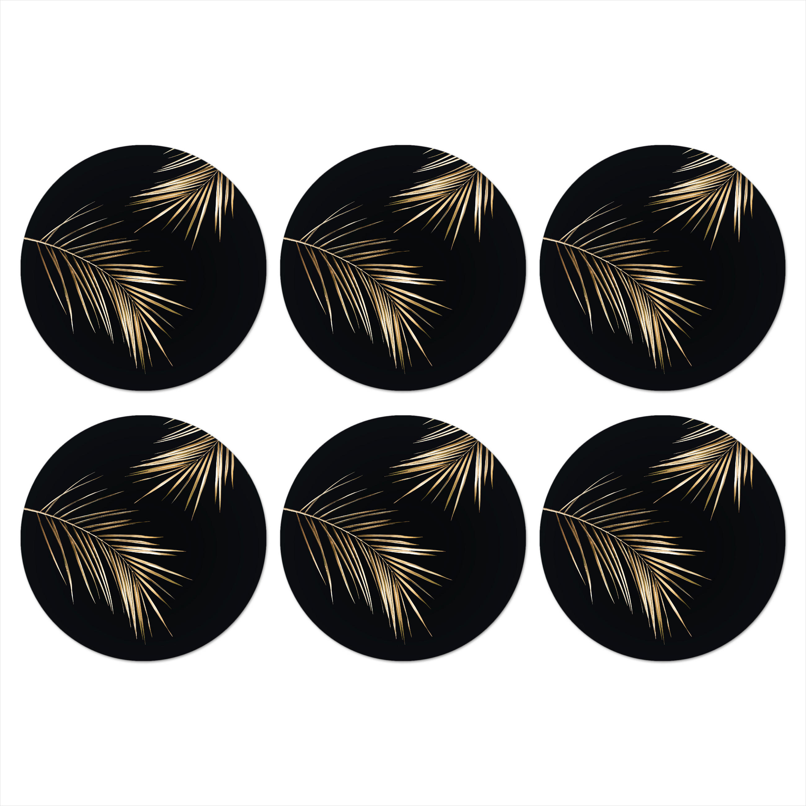 GLASUNTERSETZER 6er-Set Rund Blätter - Pflanzen - Gold - Schwarz - Luxus 10x10 cm - Schwarz, Naturmaterialien (10/0.2cm) - MuchoWow