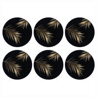 GLASUNTERSETZER 6er-Set Rund Blätter - Pflanzen - Gold - Schwarz - Luxus 10x10 cm - Schwarz, Naturmaterialien (10/0.2cm) - MuchoWow