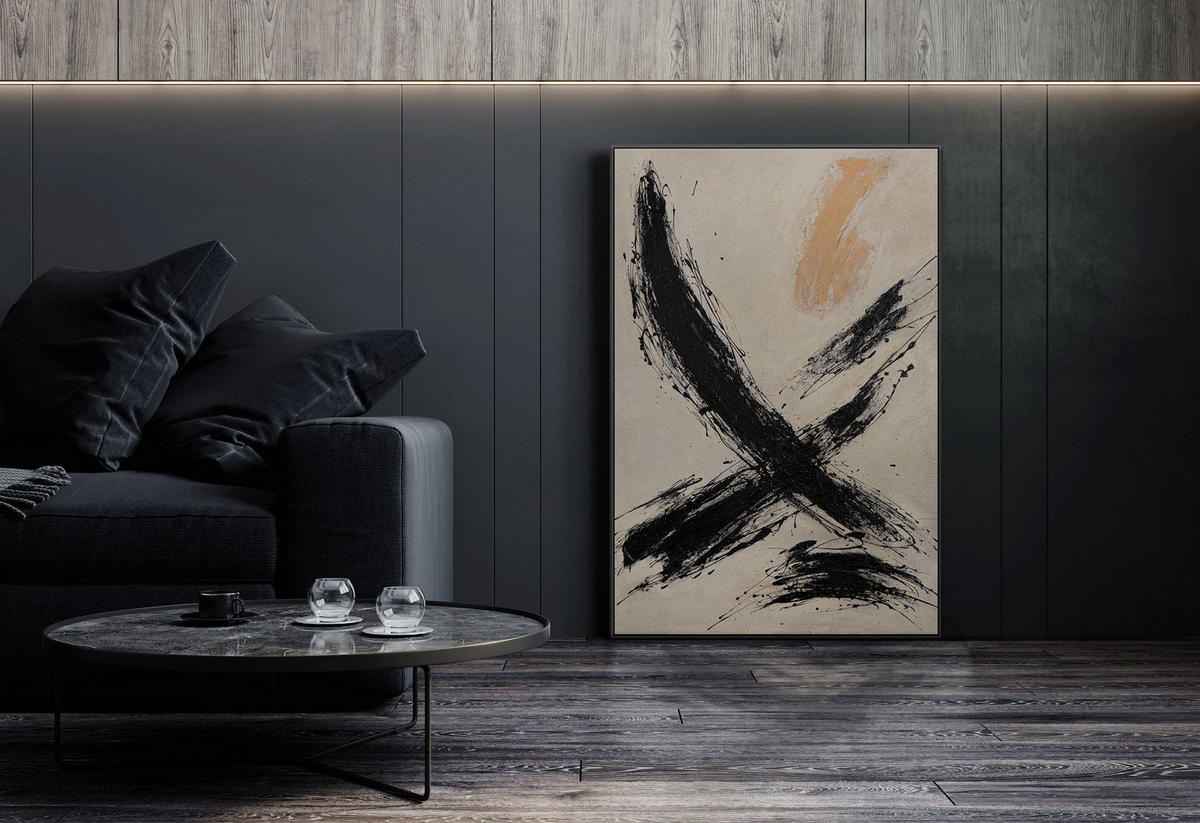 GEMÄLDE Kraft des Pinselstrichs Schattenfugenrahmen Schwarz 140x100 cm - Schwarz, Holz (140/100cm) - YS-art gallery