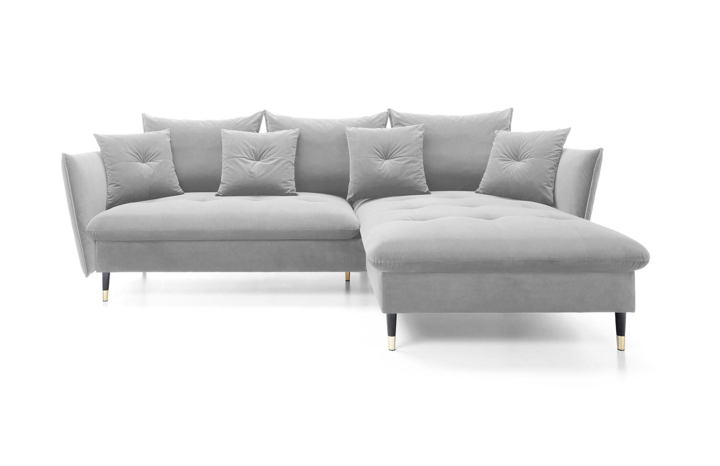 ECKSOFA GLAM mit Schlaffunktion, Ottomane & goldenen Füßen – Samtsofa im Glamour-Stil mit Zierkissen, 258x167x91 cm, rechte, hellgrau​ - Hellgrau, Holz/Textil (258/167cm) - DomoHome