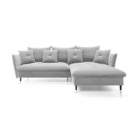 ECKSOFA GLAM mit Schlaffunktion, Ottomane & goldenen Füßen – Samtsofa im Glamour-Stil mit Zierkissen, 258x167x91 cm, rechte, hellgrau​ - Hellgrau, Holz/Textil (258/167cm) - DomoHome