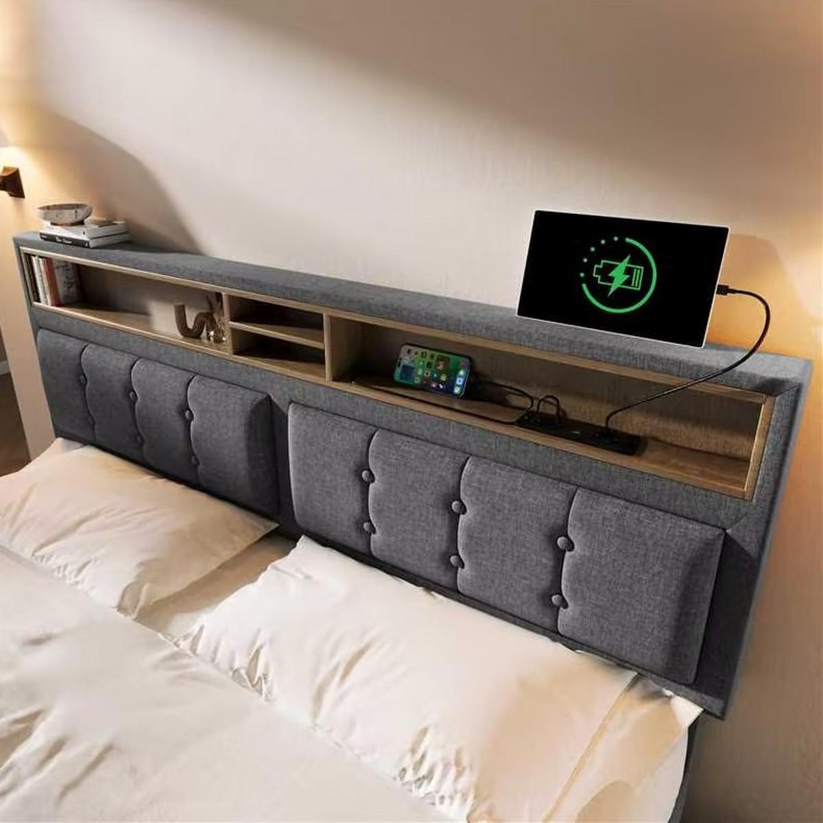 POLSTERBETT mit Stauraum und USB/Type-C 140x200 cm Leinen Grau - Grau, Metall (140/200cm) - Meubliv