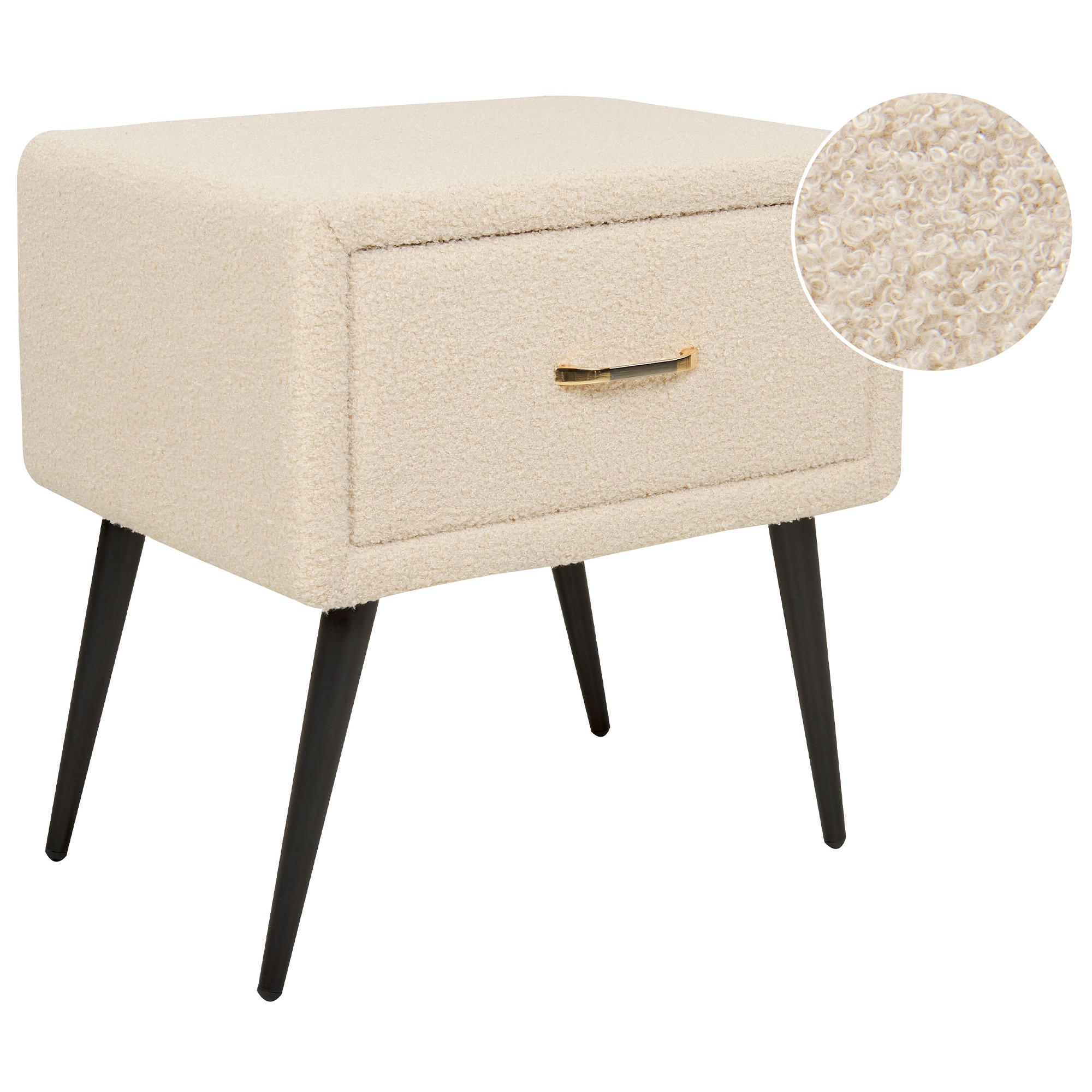 NACHTTISCH Bouclé hellbeige/schwarz 1 Schublade 38/46/49 cm Flayat - Beige/Roségold, Textil (46/49/38cm) - Beliani
