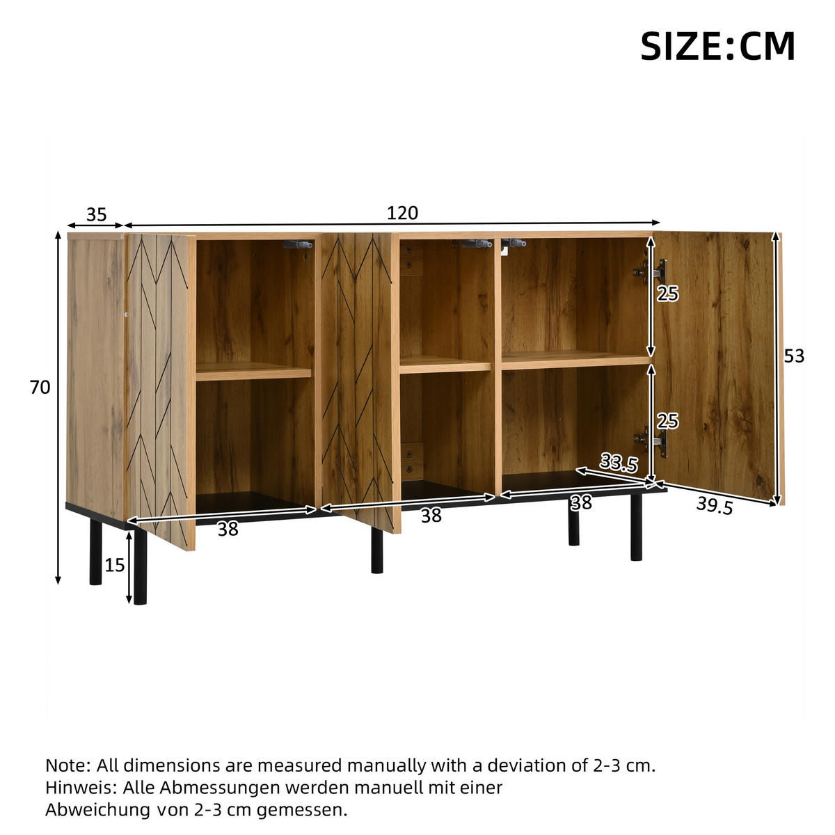 SIDEBOARD 120cm 3 Türen Wellenmuster Naturholz Metallbeine - Naturfarben, Holzwerkstoff (120/70/35cm) - FLIEKS