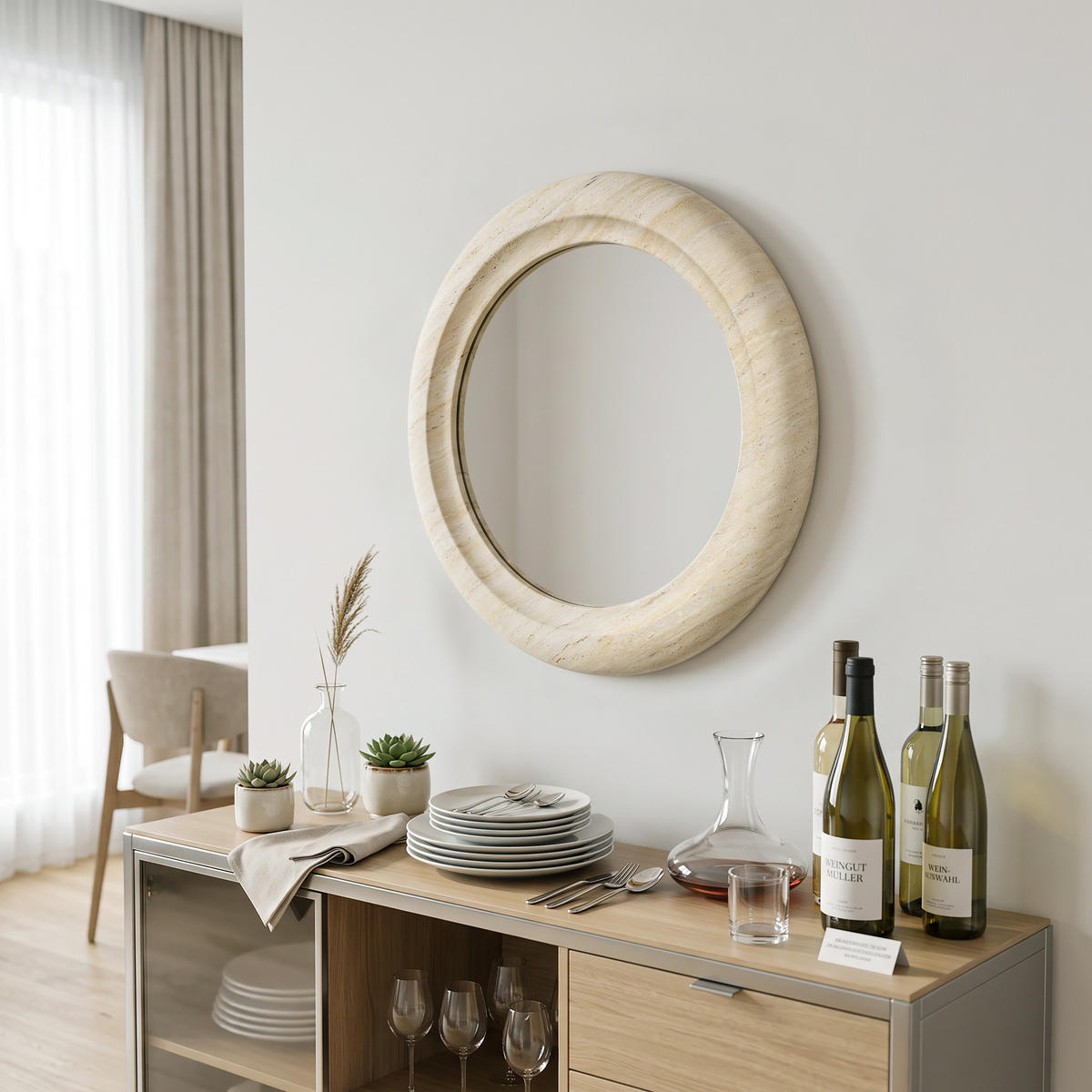WANDSPIEGEL rund mit Holzrahmen Ø 52 cm - Beige, Glas/Holz (52/3/52cm)