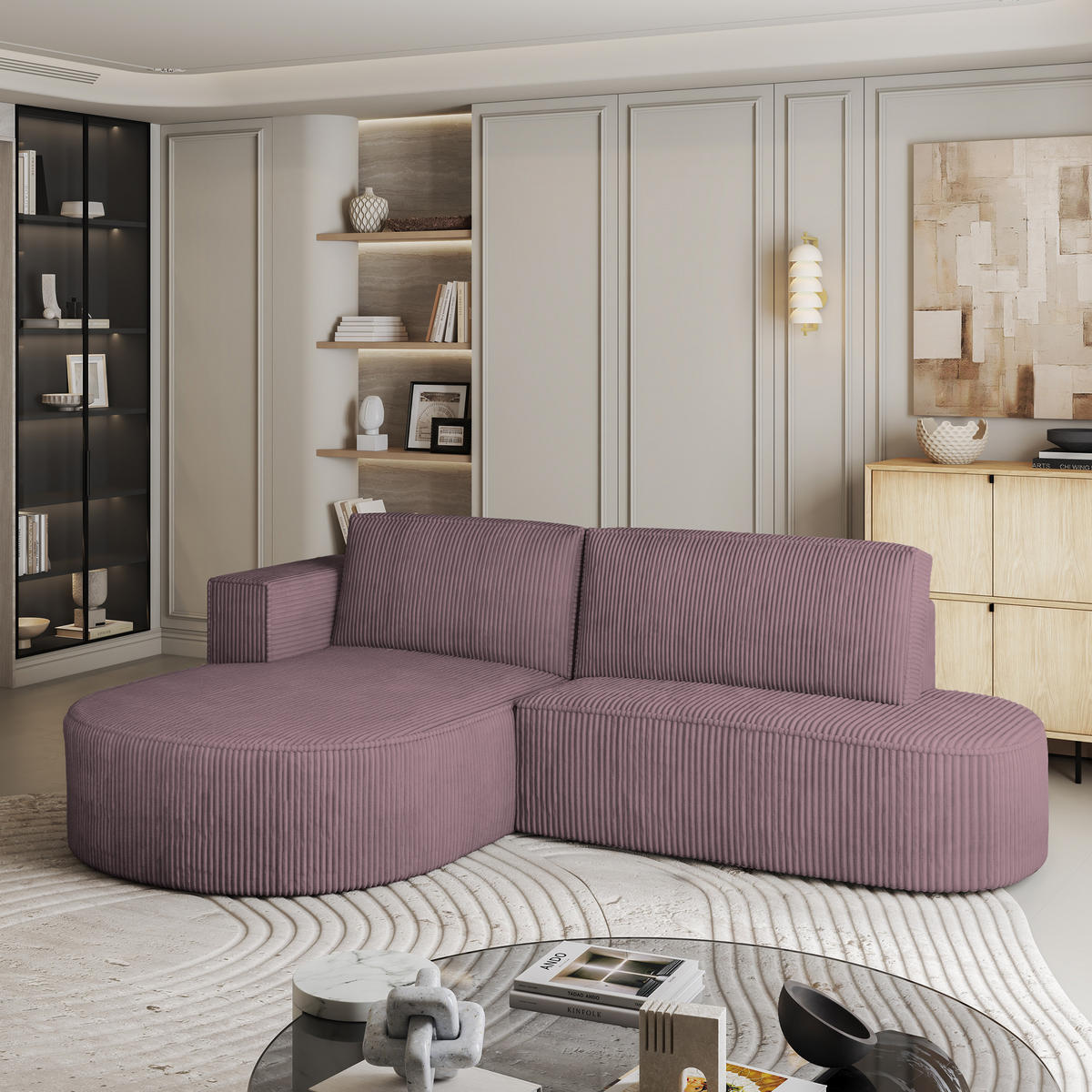 ECKSOFA CORTIO P L-S Lila Kordstoff mit Schlaffunktion - Lila, Holz (265/174cm) - MASSENO