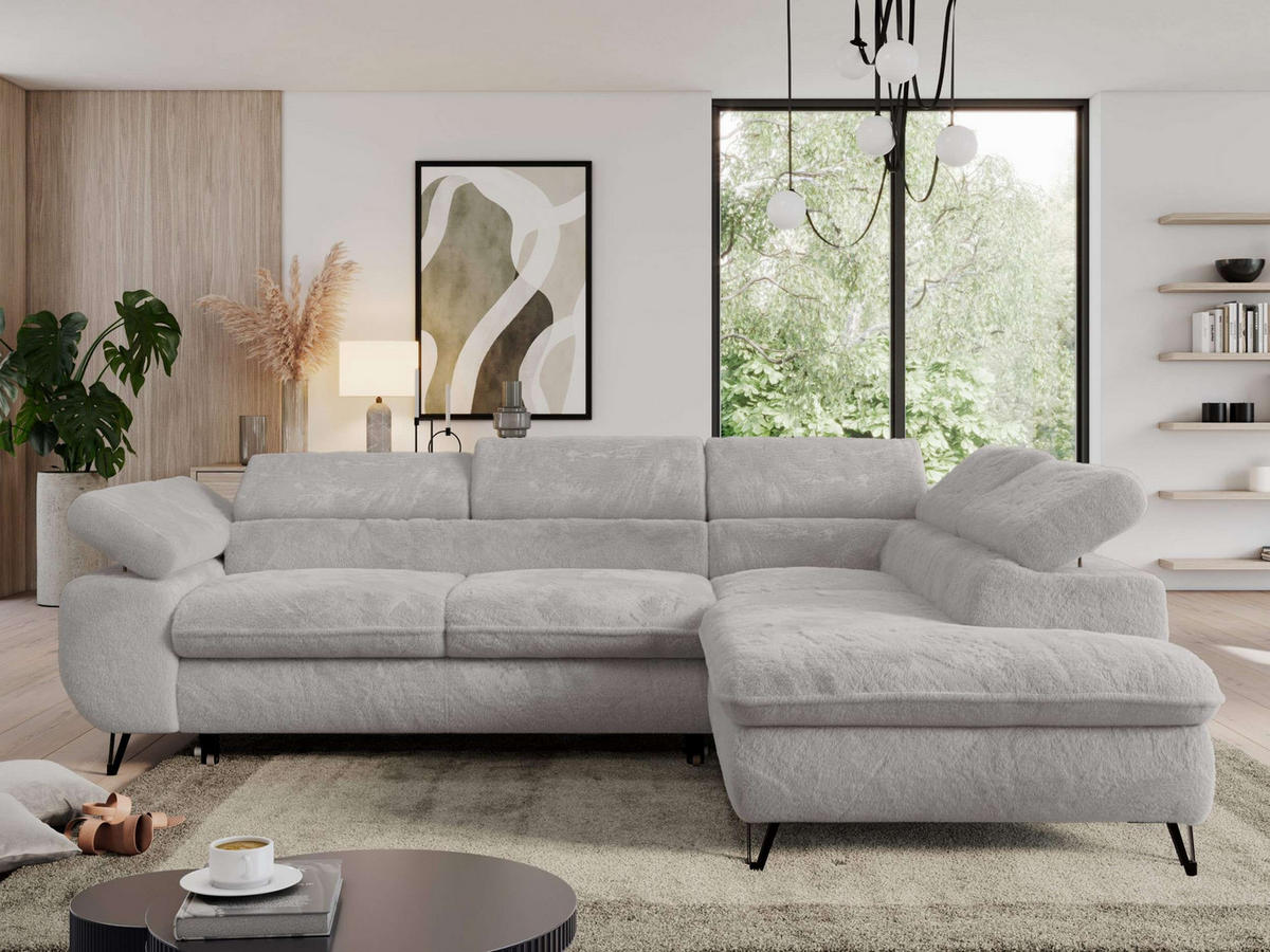 ECKSOFA PEDRO L Hellgrau Plüsch - Rechts Seite - Hellgrau/Schwarz, Textil/Metall (273/208cm) - MKS