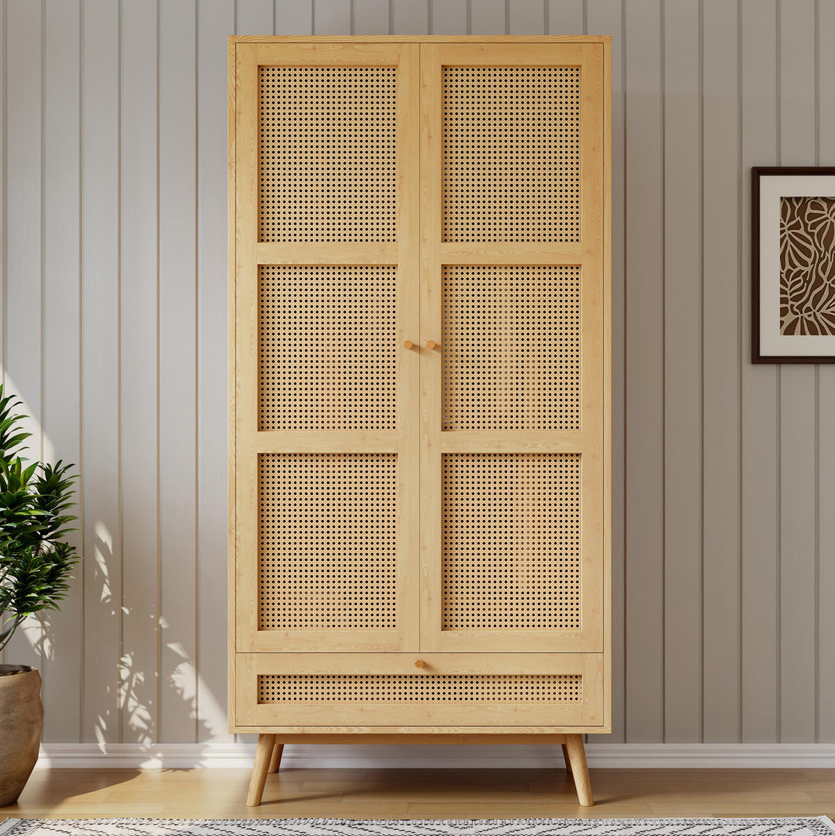 KLEIDERSCHRANK aus Spanplatte und PE-Rattan 90x45x183 cm Natur mit Kleiderstange und Flip-Top-Stauraum - Naturfarben, Holzwerkstoff (90/183/45cm) - Modfu