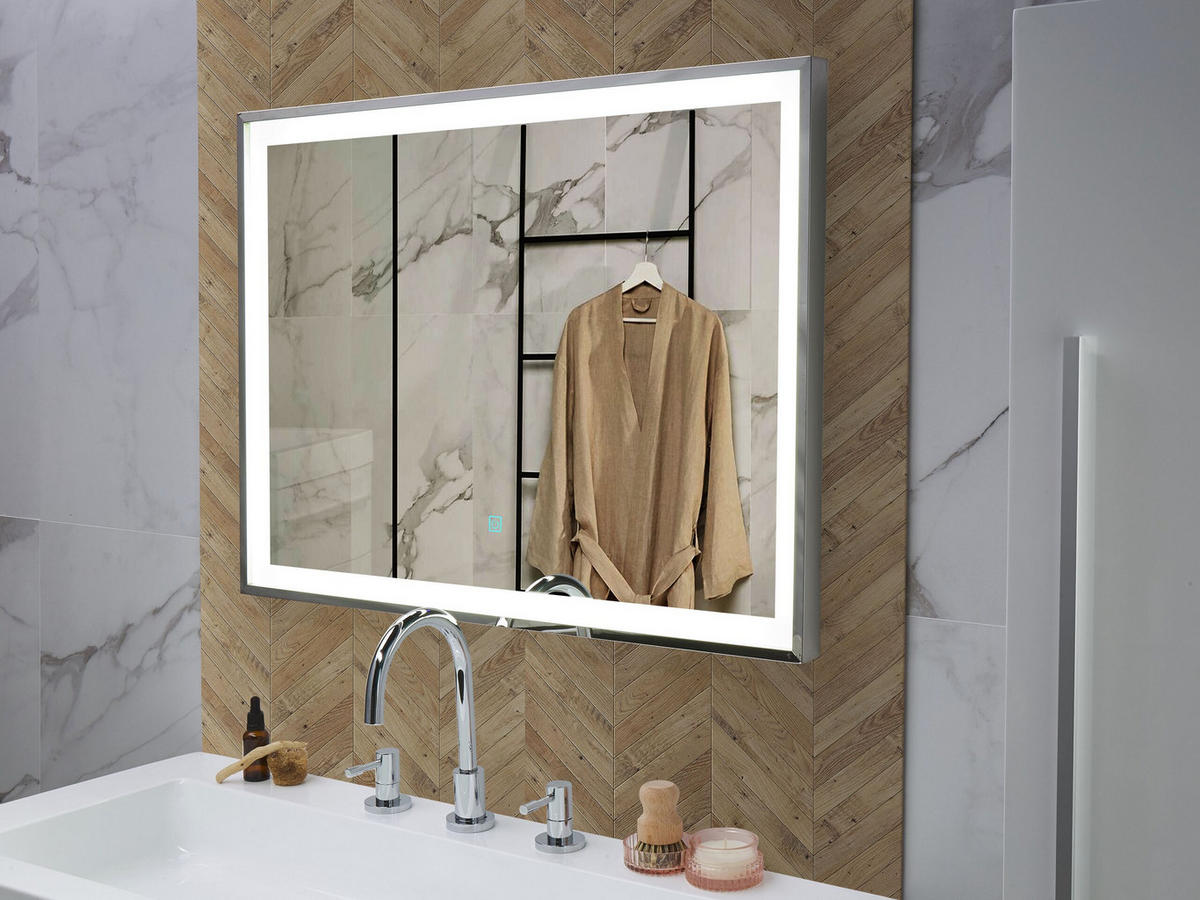 BADSPIEGEL mit LED-Beleuchtung rechteckig 80/60 cm Argens - Silberfarben, Kunststoff (80/60/4cm) - Beliani