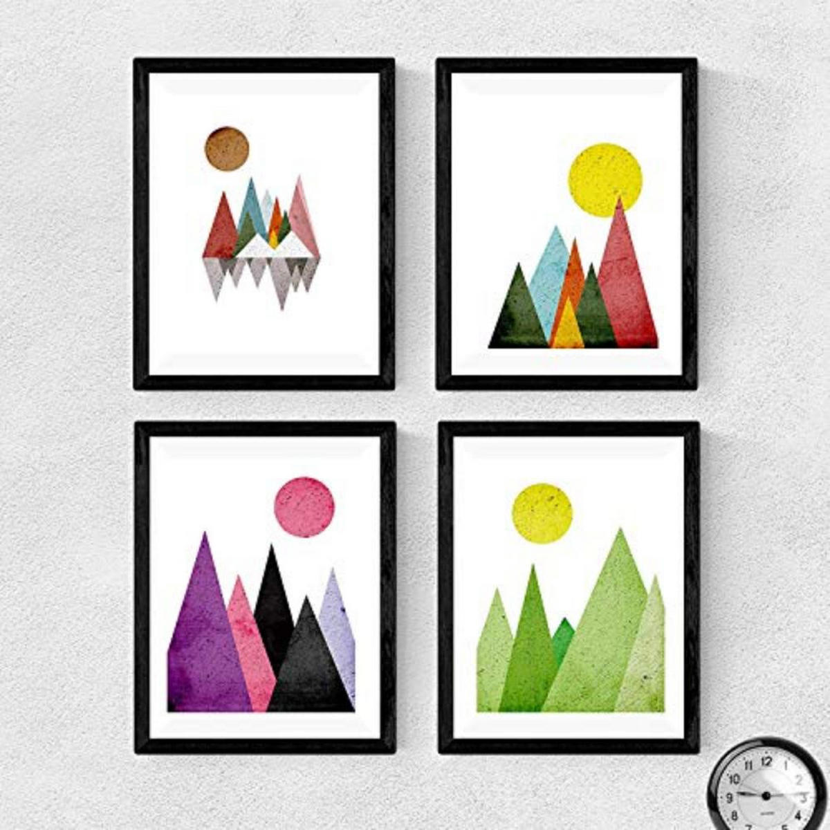 POSTER Set mit 4 geometrische Berge Violette grün A4 Schwarzer Rahmen - Schwarz, Papier (29.7/3cm) - Nacnic