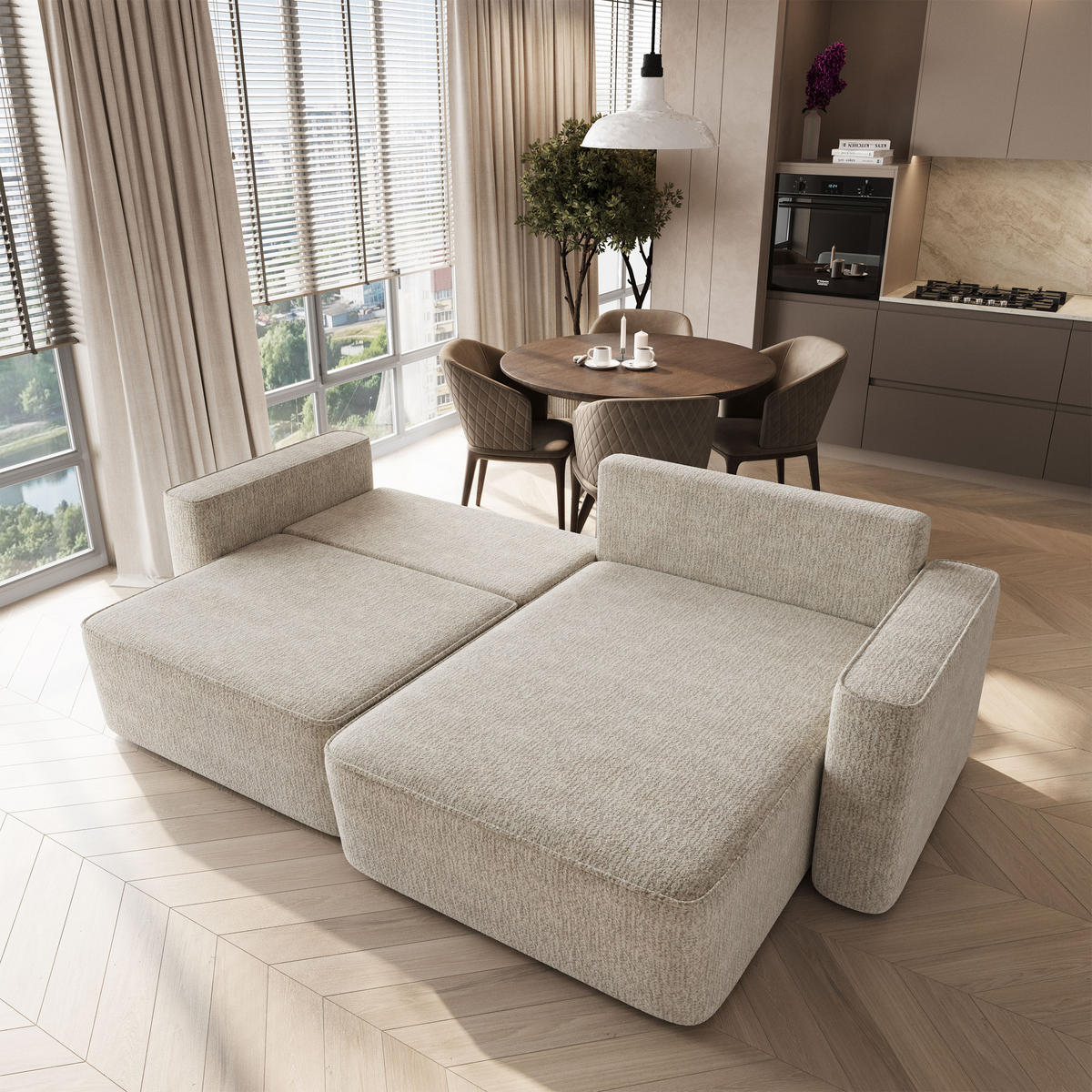 ECKSOFA BELISE BL Creme Chenille mit Schlaffunktion - Creme, Holz/Textil (252/162cm) - MASSENO