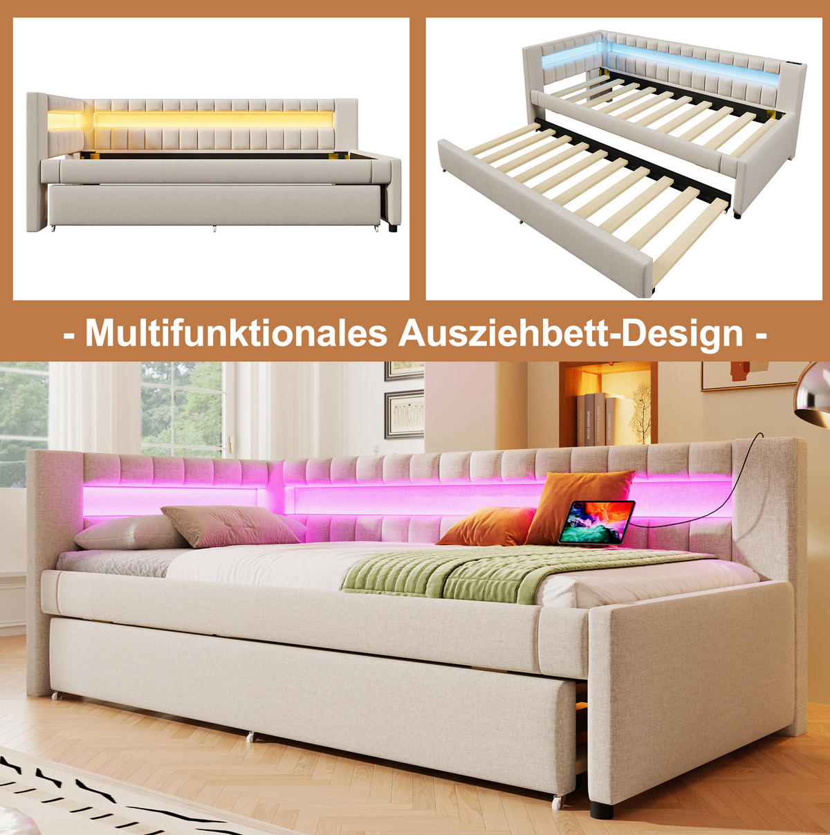 POLSTERBETT mit LED-Beleuchtung 90/200 cm mit Ausziehbett und USB/Type-C - Beige, Textil (90/200cm) - BEAOK