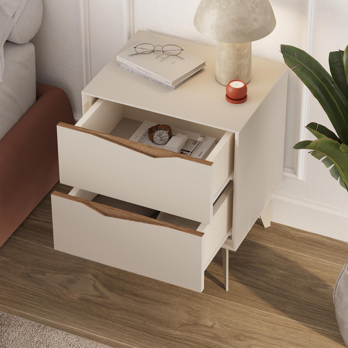 NACHTTISCH Jaden Sandstein, Warme Eiche 45/35/55 cm - Sandfarben, Holzwerkstoff/Metall (45/55/35cm) - Decortie