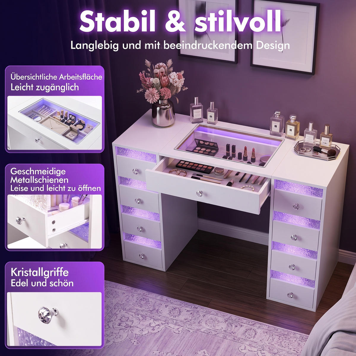 SCHMINKTISCH mit Beleuchtung 9 Schubladen Weiβ 130/55/81 CM - Weiß, Metall (130/81/55cm) - VANITII