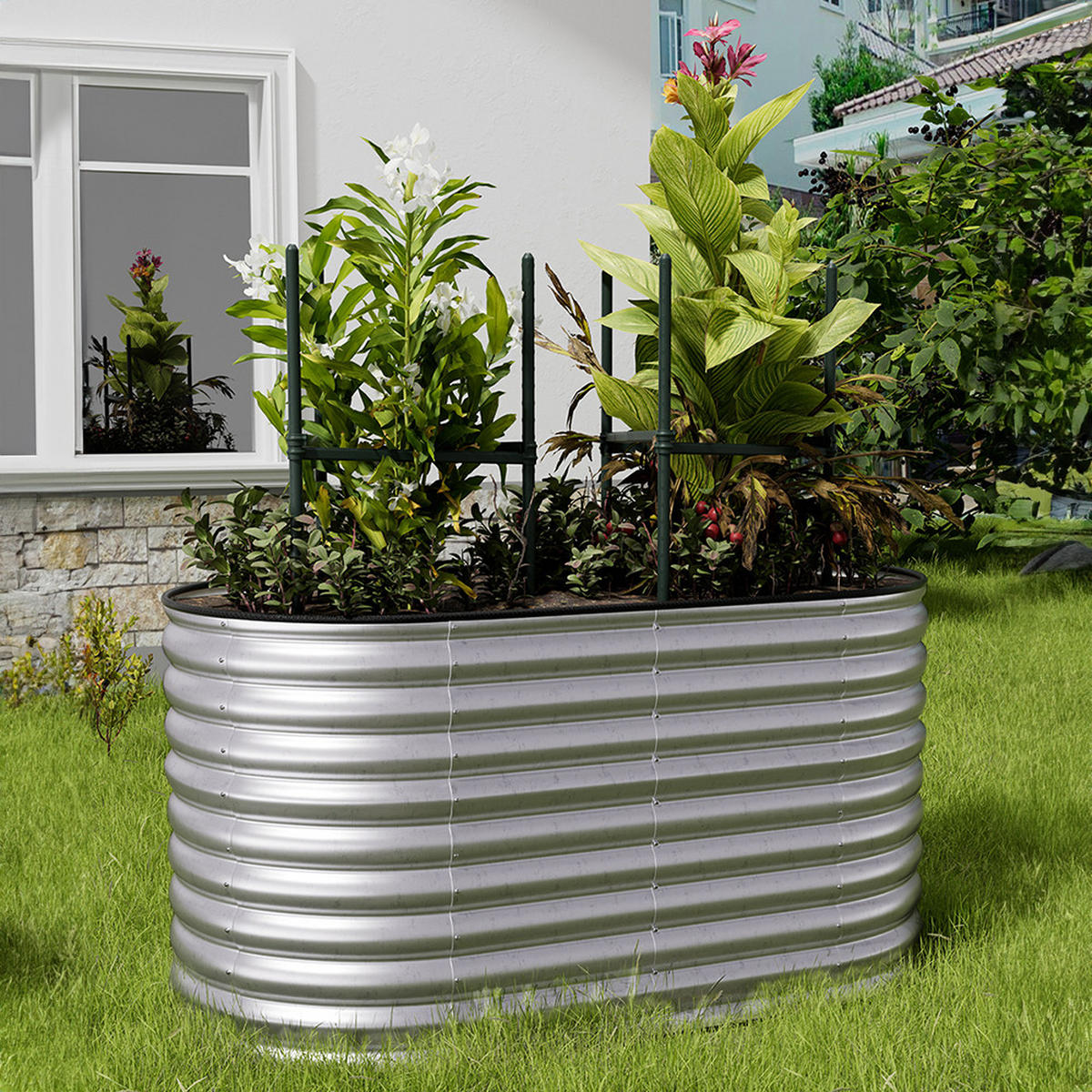HOCHBEET-PFLANZKASTEN mit Pflanzenstütze aus verzinktem Stahl in verzinkten Silber Ovalen Garten Balkon rostfest 160 × 80 × 80 cm - Grün, Metall (80/80/160cm) - Livingandhome