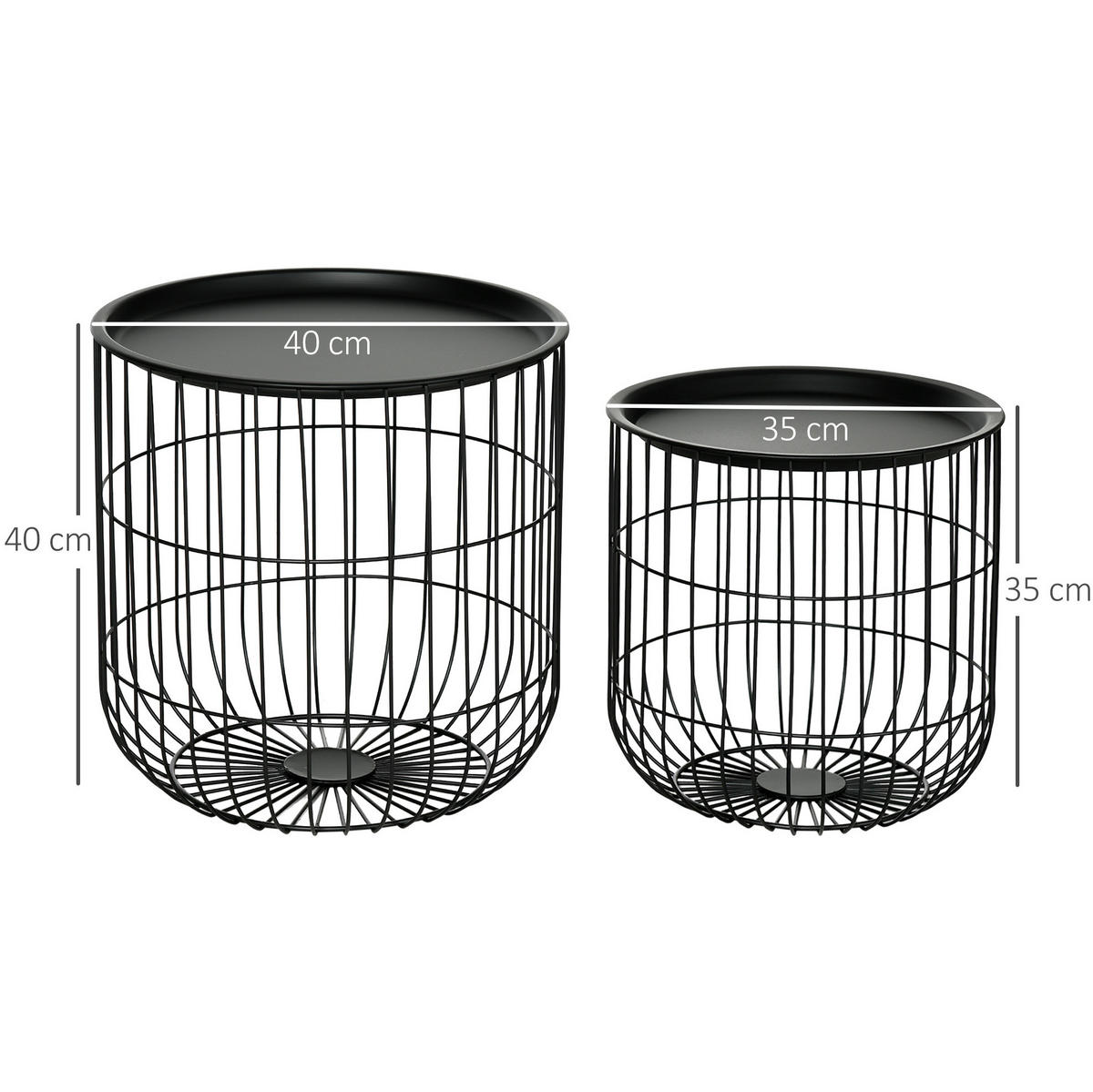 COUCHTISCH-SET 40/40/40 cm & 35/35/35 cm stapelbar mit Stauraum und abnehmbarer Platte, Schwarz - Schwarz, Metall (40/40/40cm) - Redom