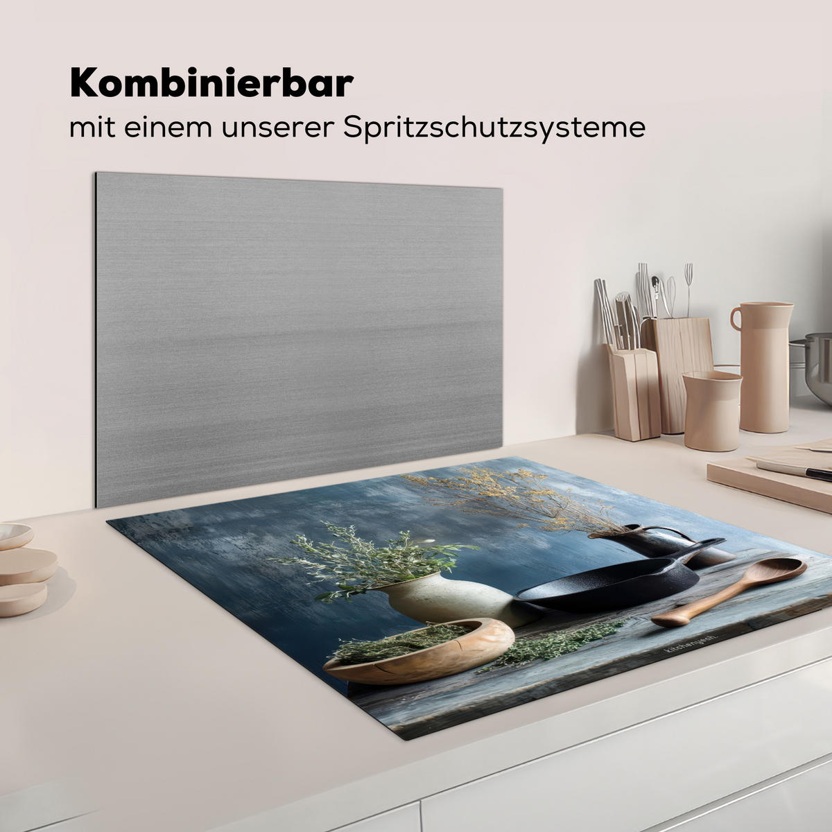 HERDABDECKPLATTE Stilleben - Kräuter - Rustikal Induktionsmatte 78x78 cm - Blaugrau, Kunststoff (78/78/0.2cm) - MuchoWow