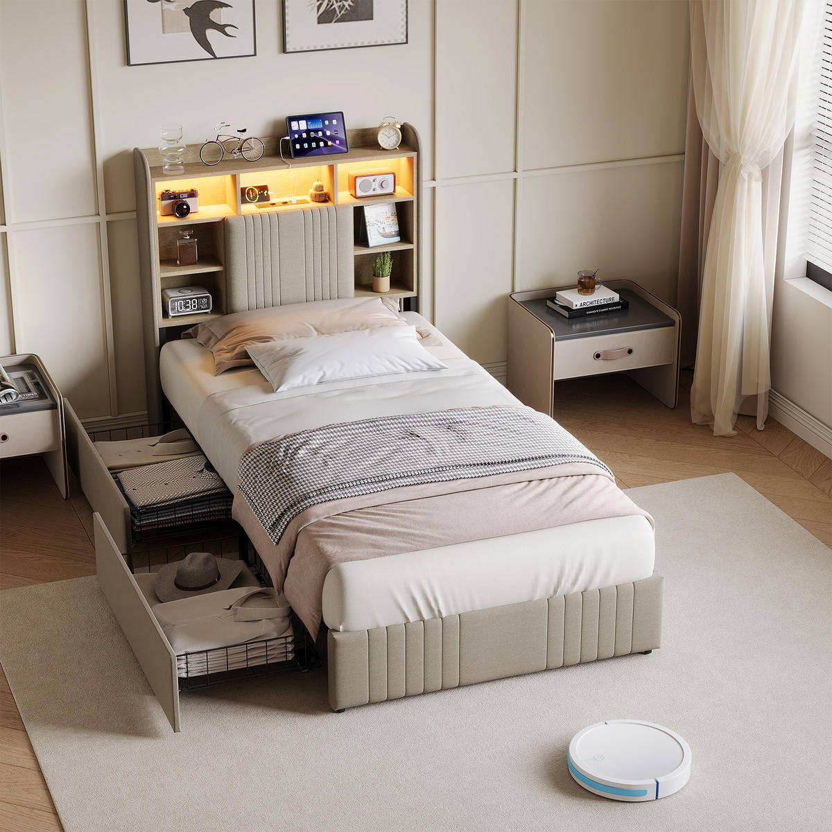 POLSTERBETT 90x200 cm LED USB 2 Schubladen Stauraum Kopfteil Leinen beige - Beige, Holz (90/200cm) - LEBENLANG