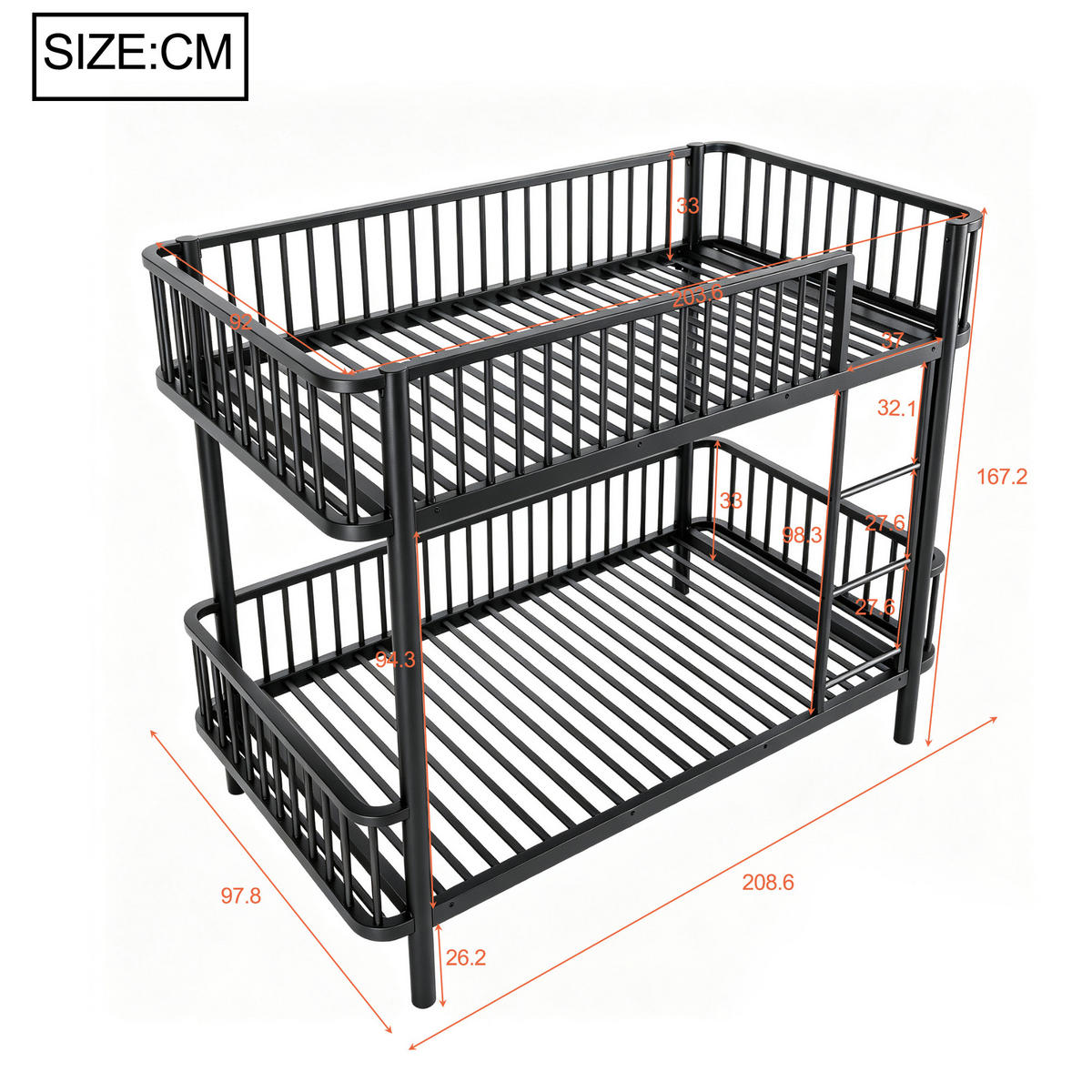 METALL-ETAGENBETT 90*200 mit Schutzgitter, Schwarz - Schwarz, Metall (90/200cm) - FLIEKS
