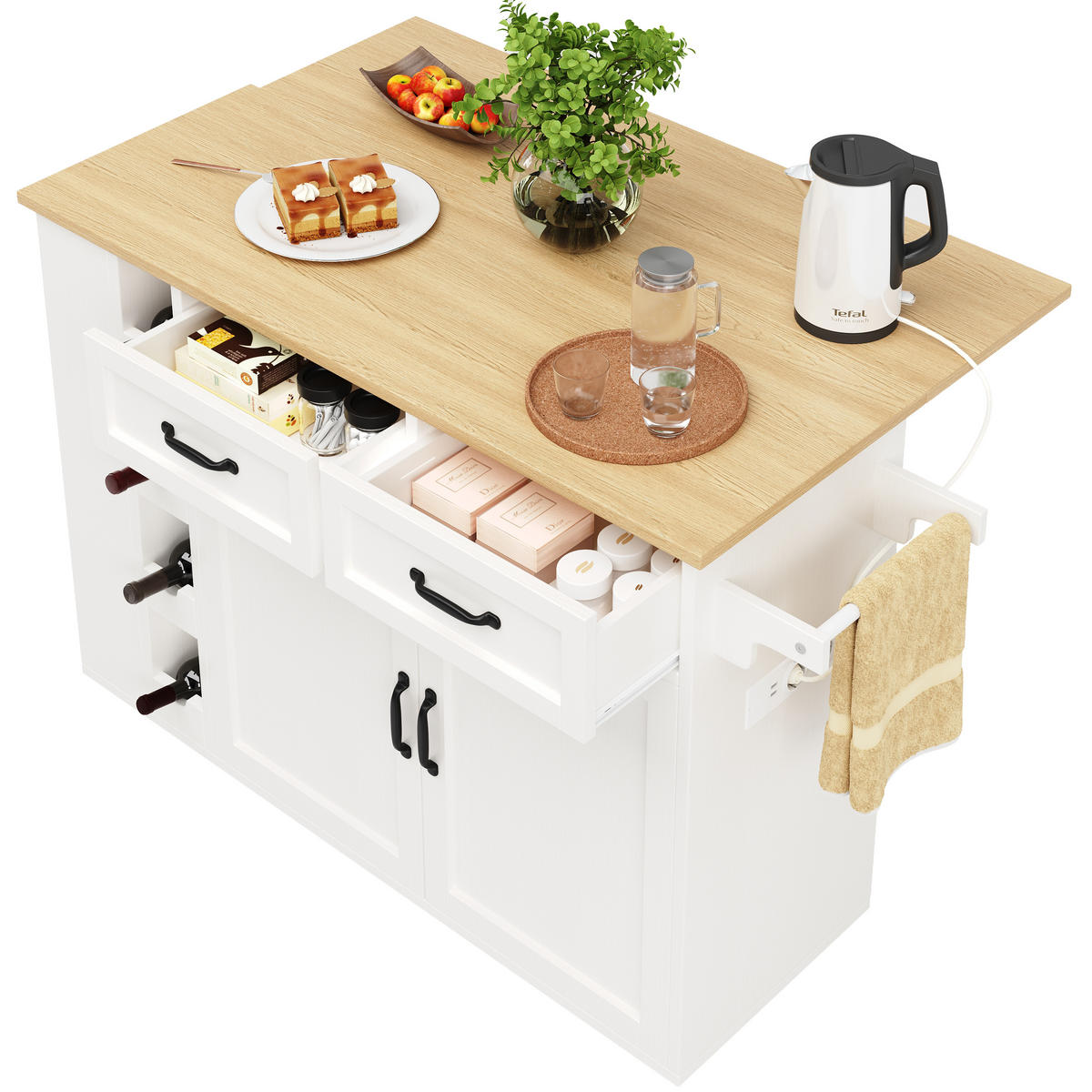 KÜCHENINSEL 131,5/43/90,7 cm weiß natur mit Steckdosenleiste und Klappplatte - Weiß, Holzwerkstoff (131.5/90.7/43cm) - OKWISH