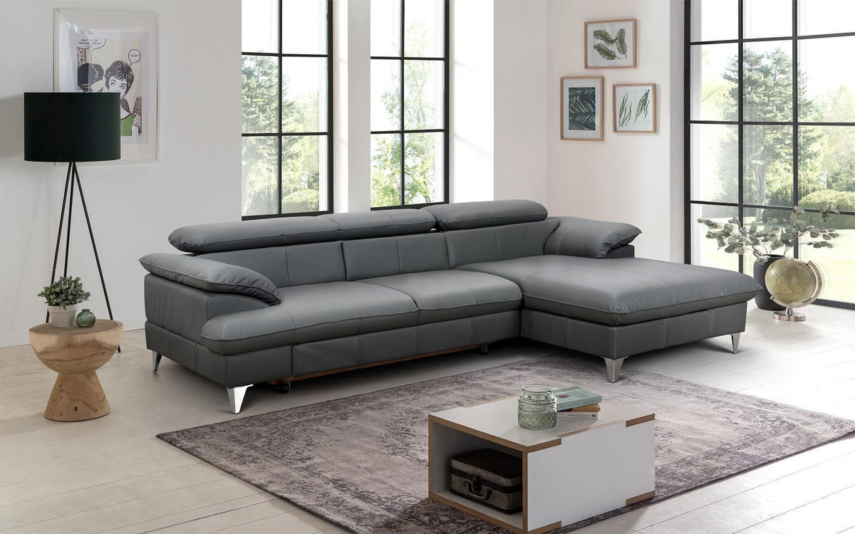 ECKSOFA mit Schlaffunktion und Bettkasten, Echtleder - Chromfarben/Anthrazit, Leder/Holz (167/254cm) - Cotta