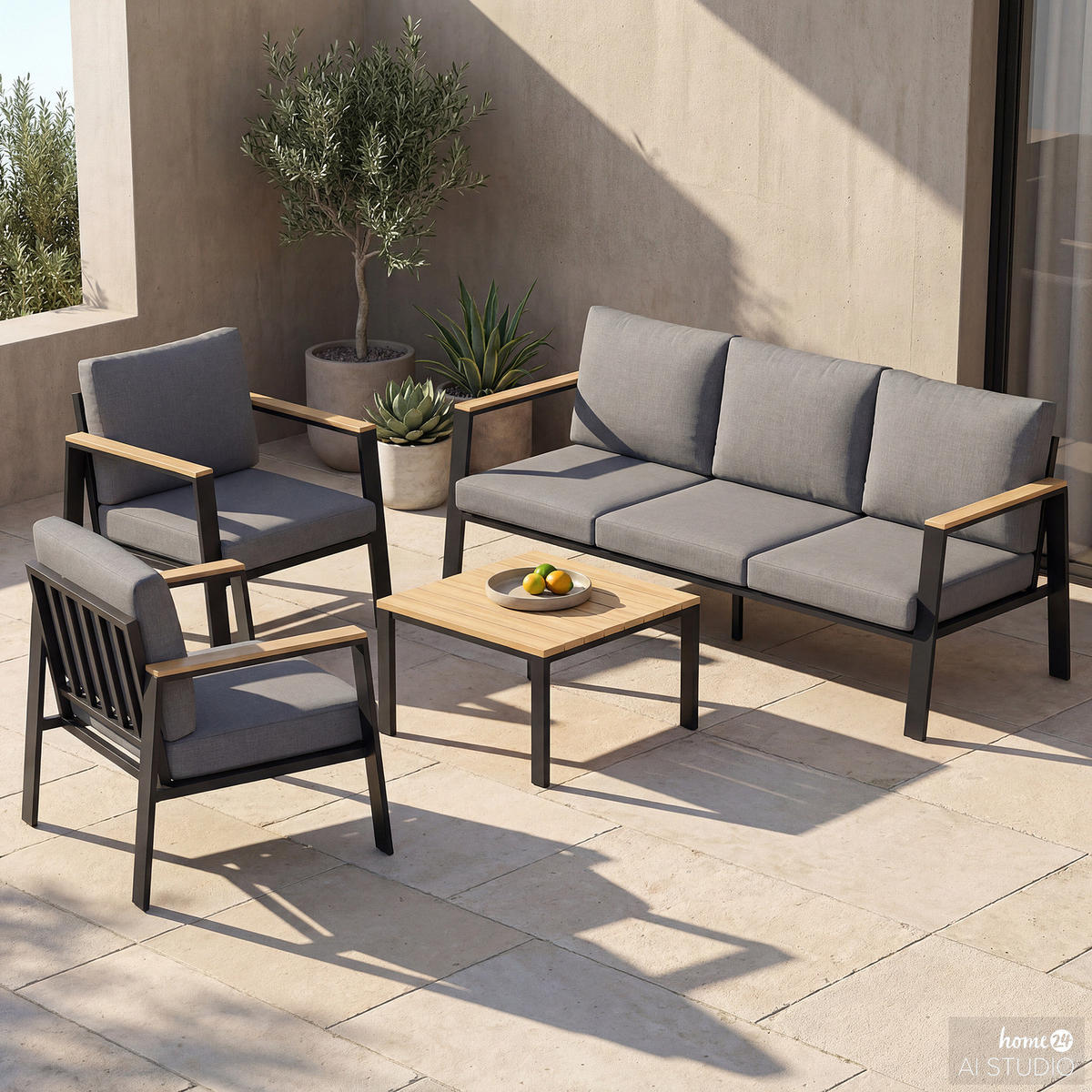 LOUNGESET - 4-teilig - Eukalyptus massiv / Polyester - Braun / Anthrazit - Braun/Grau, Holz/Textil - home24