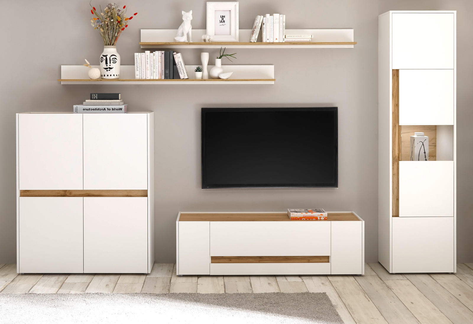 Thumbnail - Furn.Design Wohnwand, Weiß, Eiche Wotan, Holz, Nachbildung,Eiche, Uni, 7 Fächer, 1 Schubladen, 330x197x45 cm, Wohnzimmer...