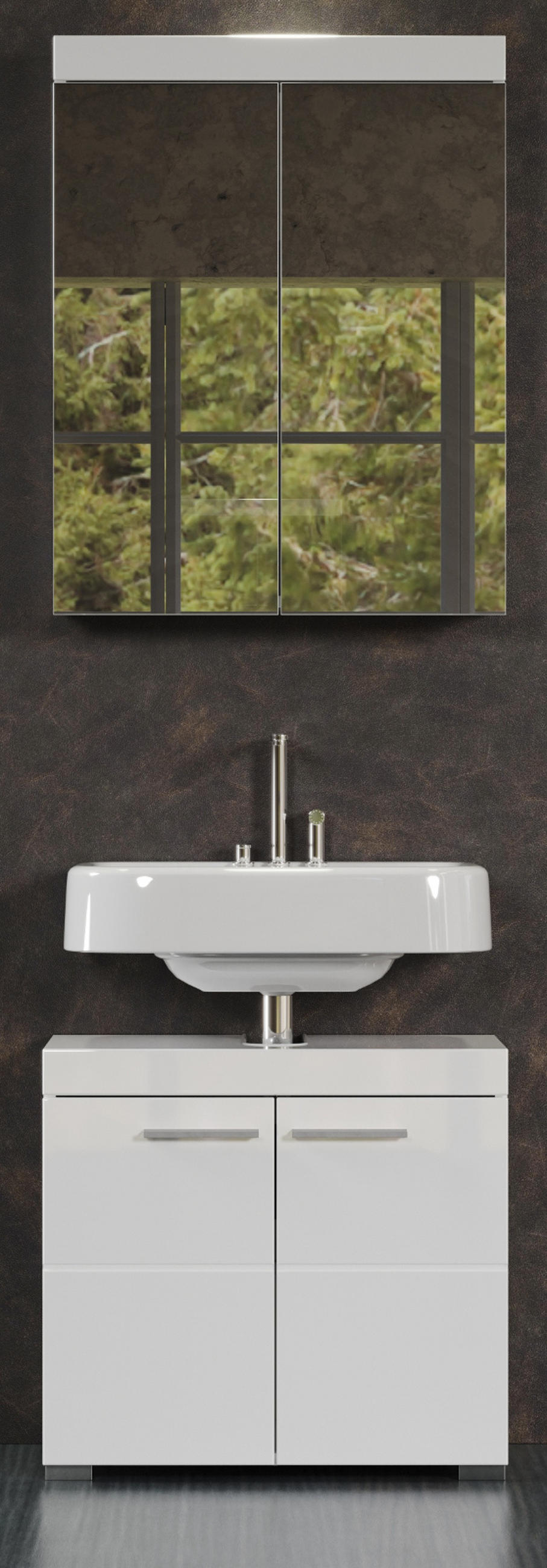 BADMÖBEL-SET weiß Hochglanz 2-teilig 60 cm, Badkombination in modernem Design - Weiß Hochglanz/Silberfarben, Glas/Holzwerkstoff (60/190/34cm) - Top.Furn