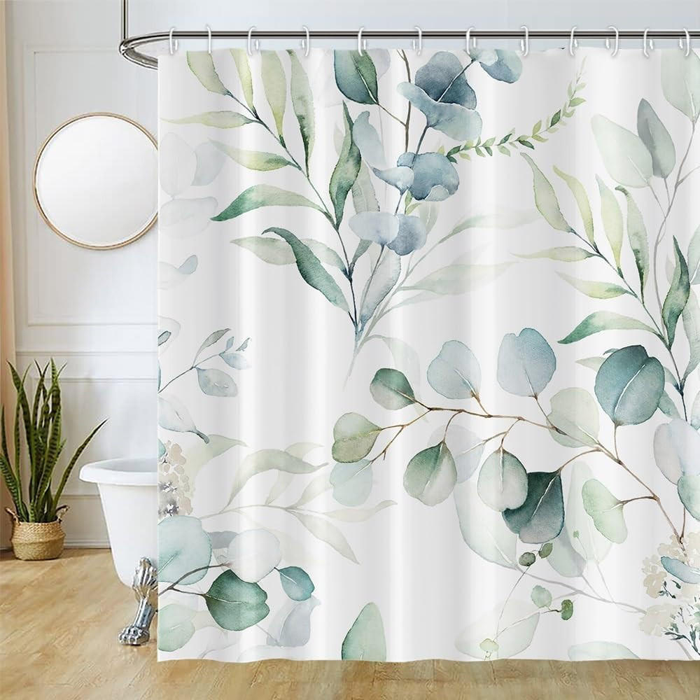 DUSCHVORHANG schimmelresistent Grün Blätter Blumen Weiß Badewanne Stoff waschbar wasserdicht - Grün, Textil (180/200cm) - MCBOSON