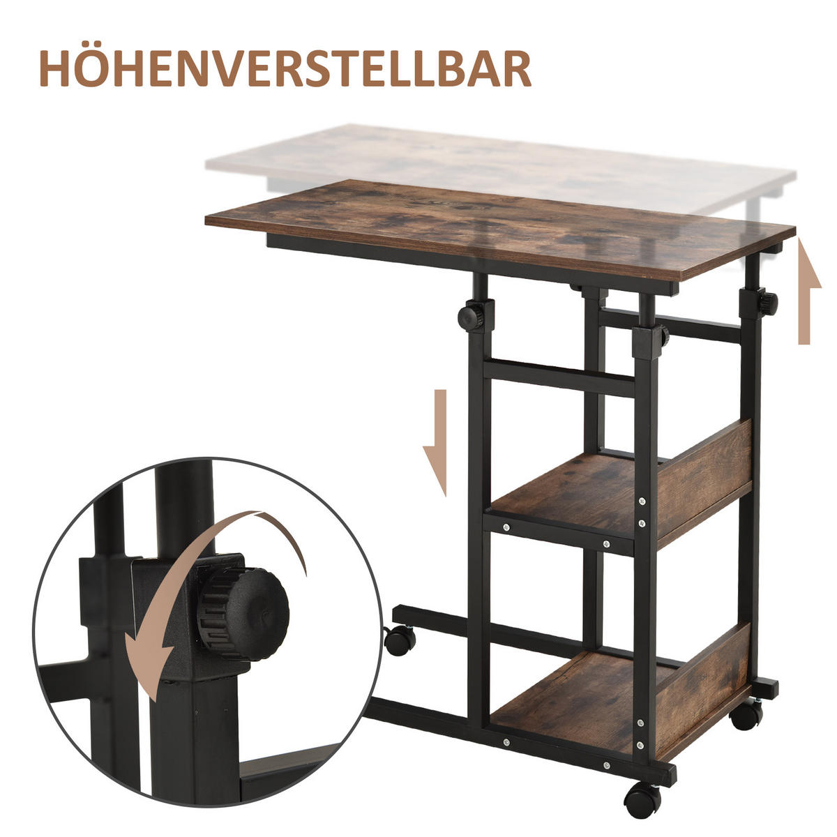 BEISTELLTISCH Couchtisch mit Rollen höhenverstellbar 2 untere Regale Esszimmer - Dunkelbraun, Kunststoff (80/40/82cm) - HOMCOM
